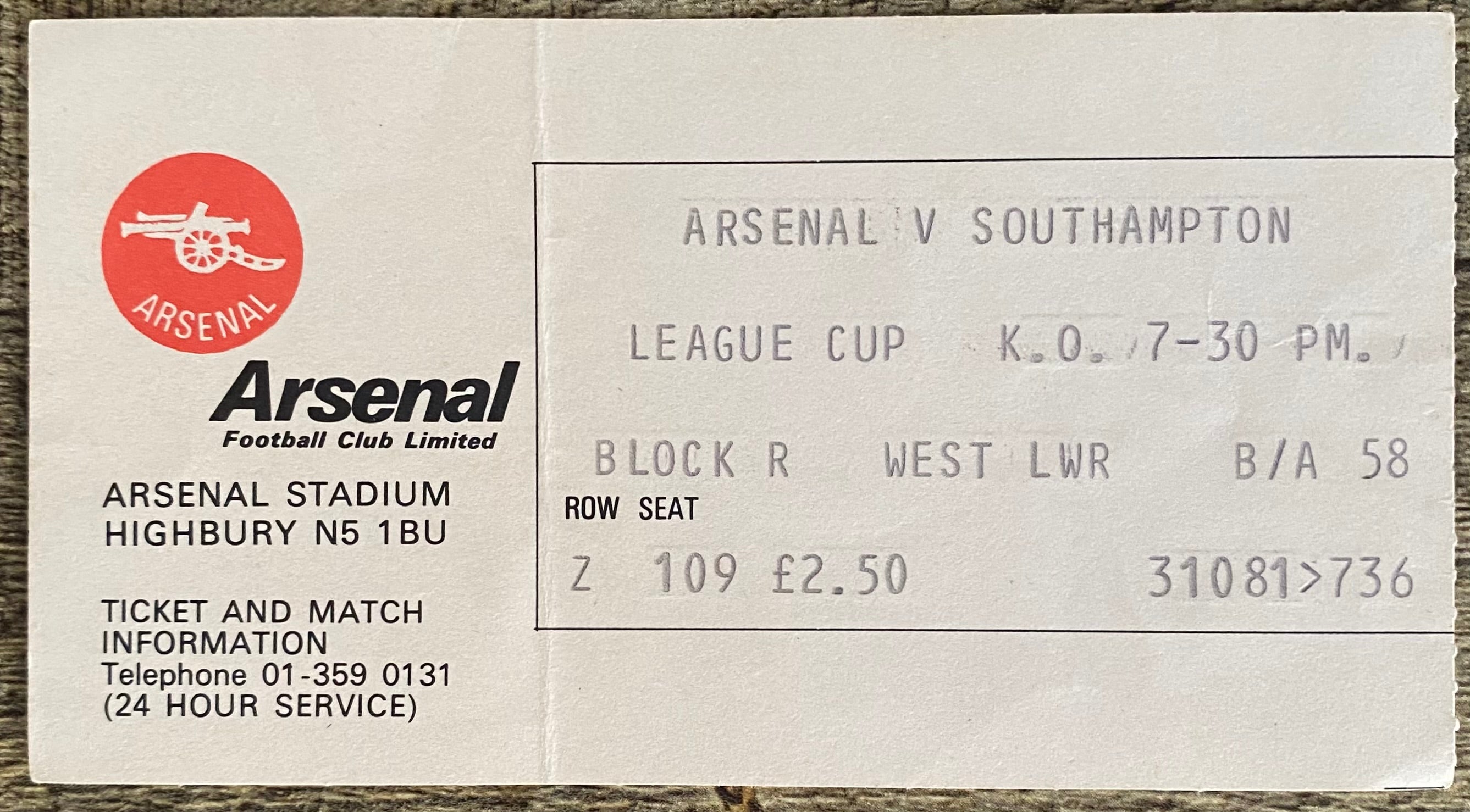 1979/80 ORIGINAL LEAGUE CUP 3RD ROUND TICKET ARSENAL V SOUTHAMPTON