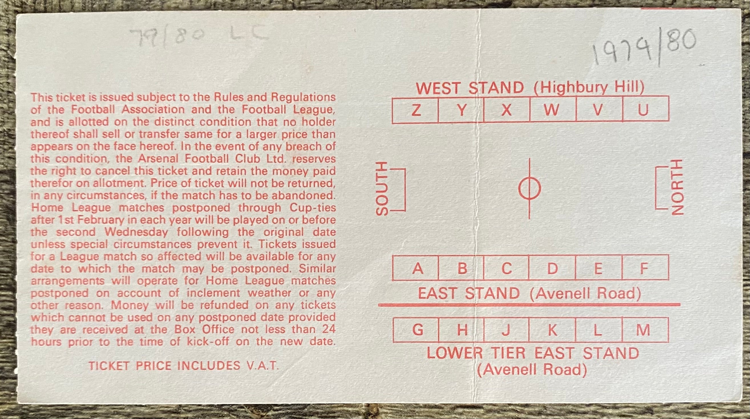 1979/80 ORIGINAL LEAGUE CUP 3RD ROUND TICKET ARSENAL V SOUTHAMPTON