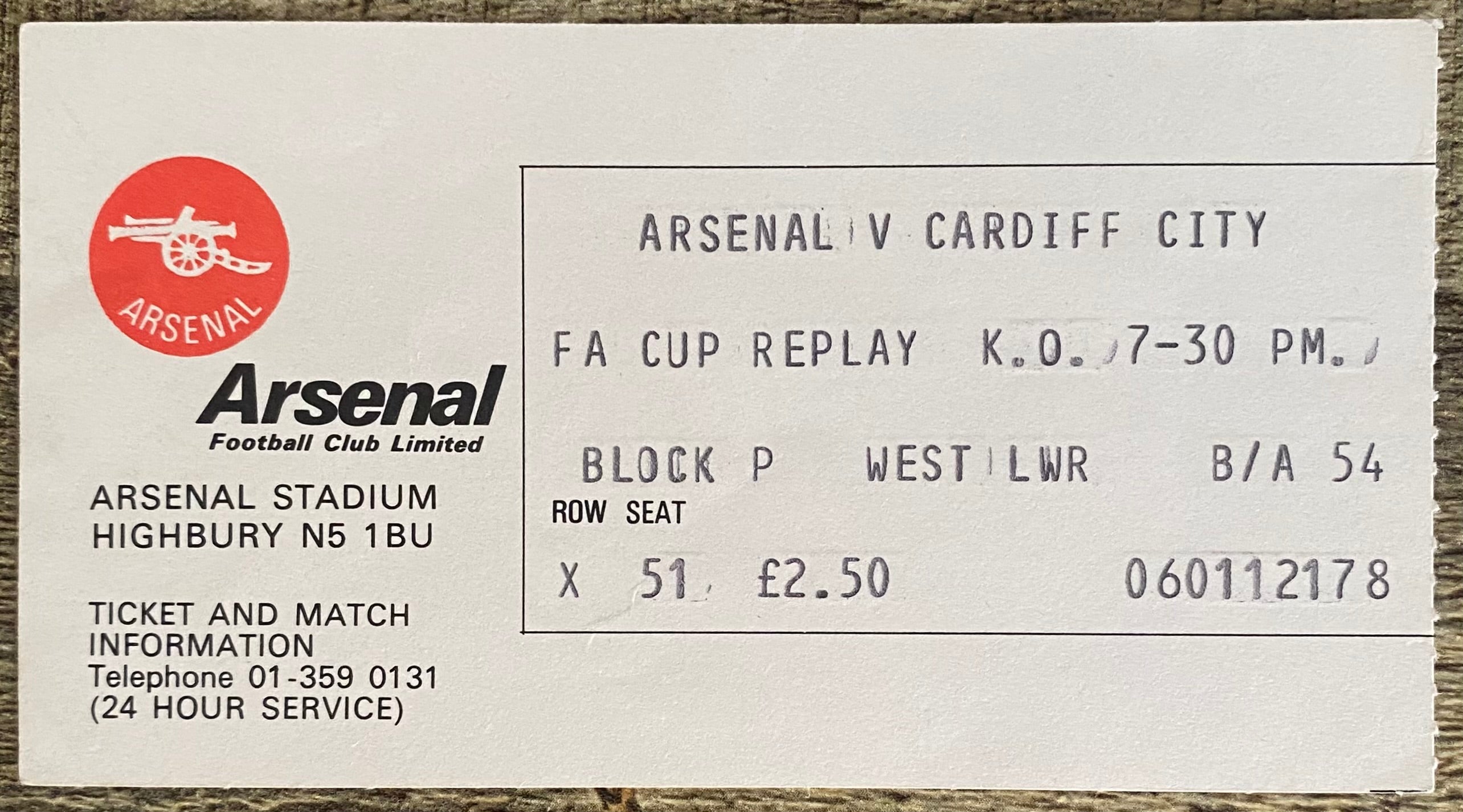 1979/80 ORIGINAL FA CUP 3RD ROUND REPLAY TICKET ARSENAL V CARDIFF CITY