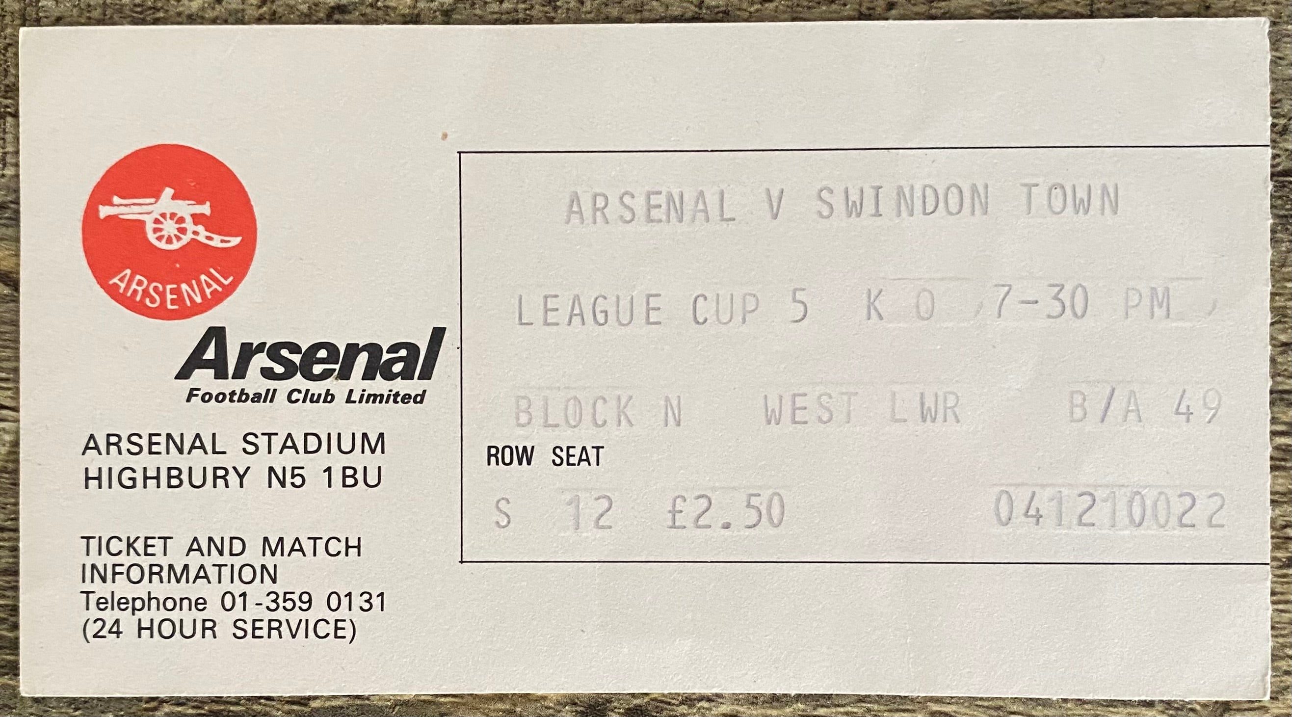 1979/80 ORIGINAL LEAGUE CUP 5TH ROUND TICKET ARSENAL V SWINDON TOWN