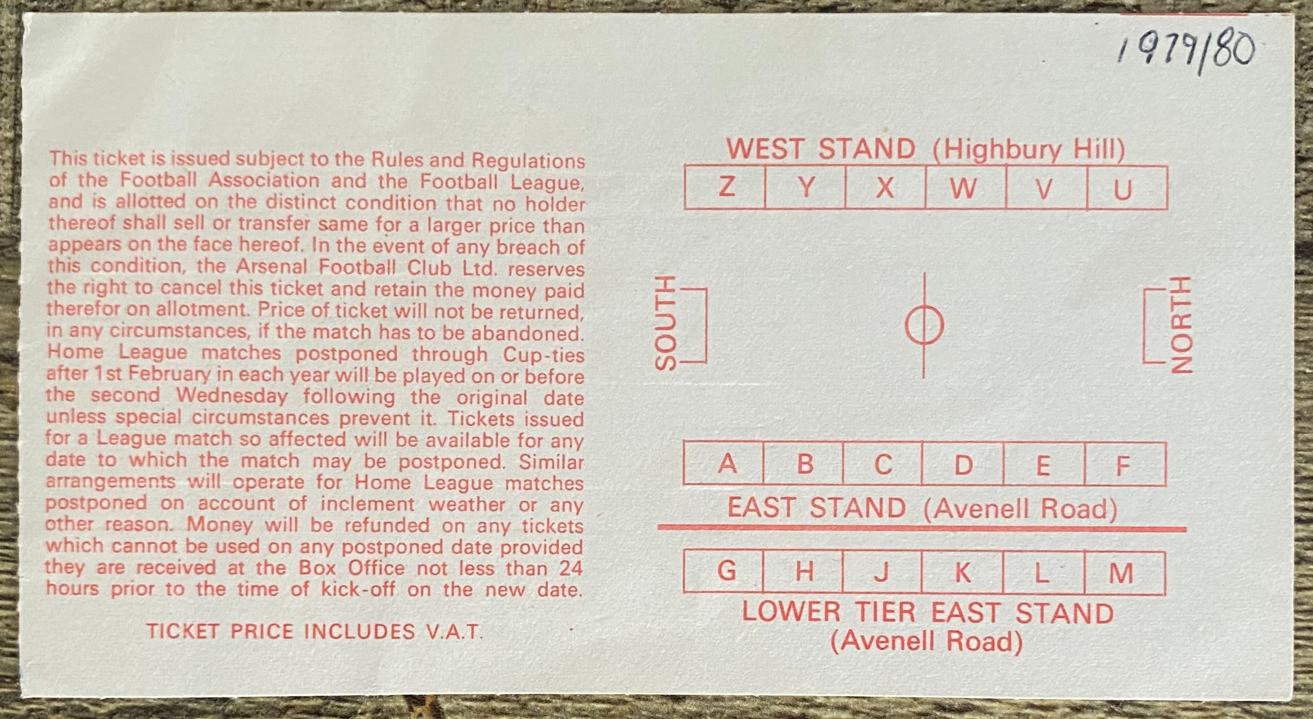 1979/80 ORIGINAL LEAGUE CUP 5TH ROUND TICKET ARSENAL V SWINDON TOWN