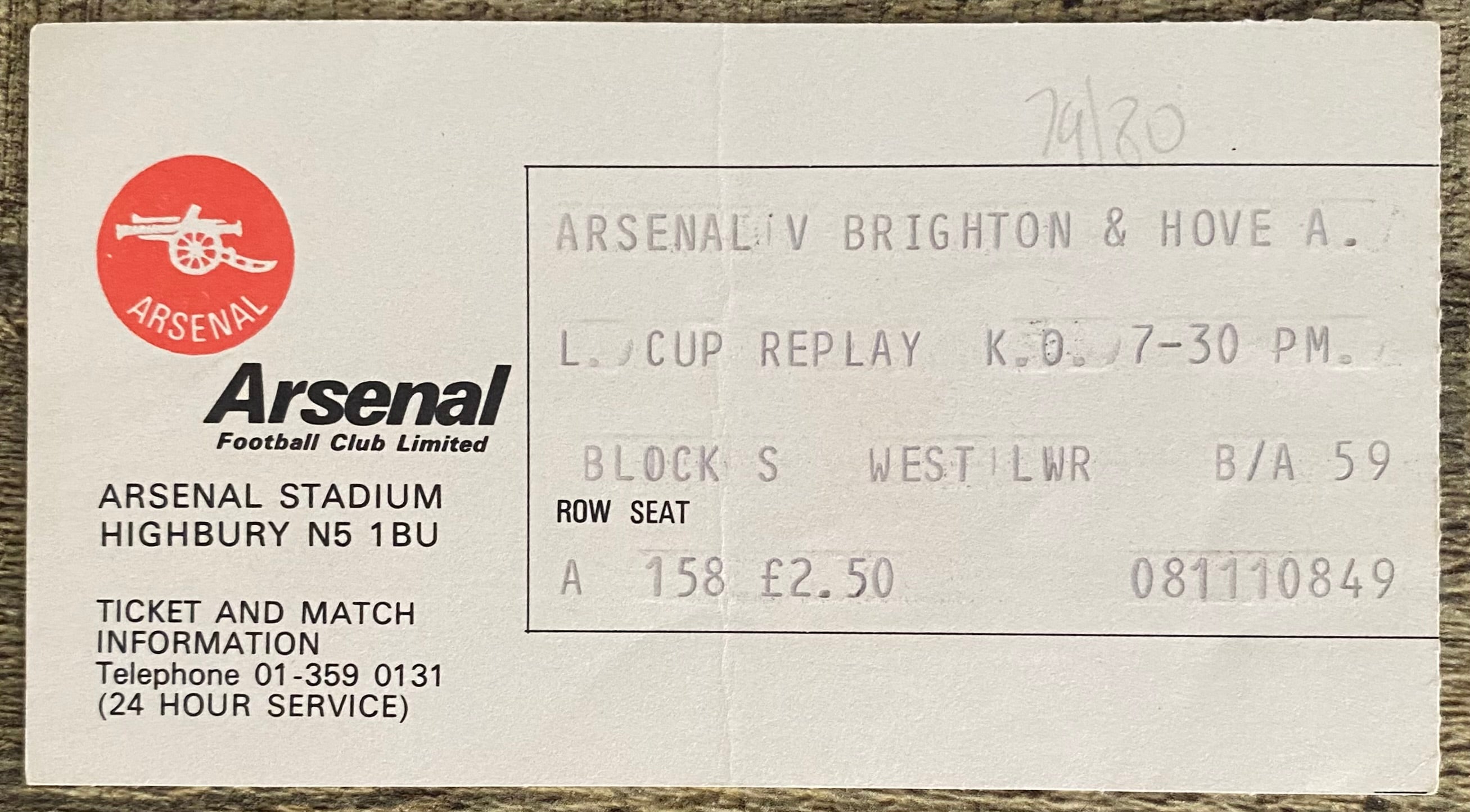 1979/80 ORIGINAL LEAGUE CUP 4TH ROUND REPLAY TICKET ARSENAL V BRIGHTON AND HOVE ALBION