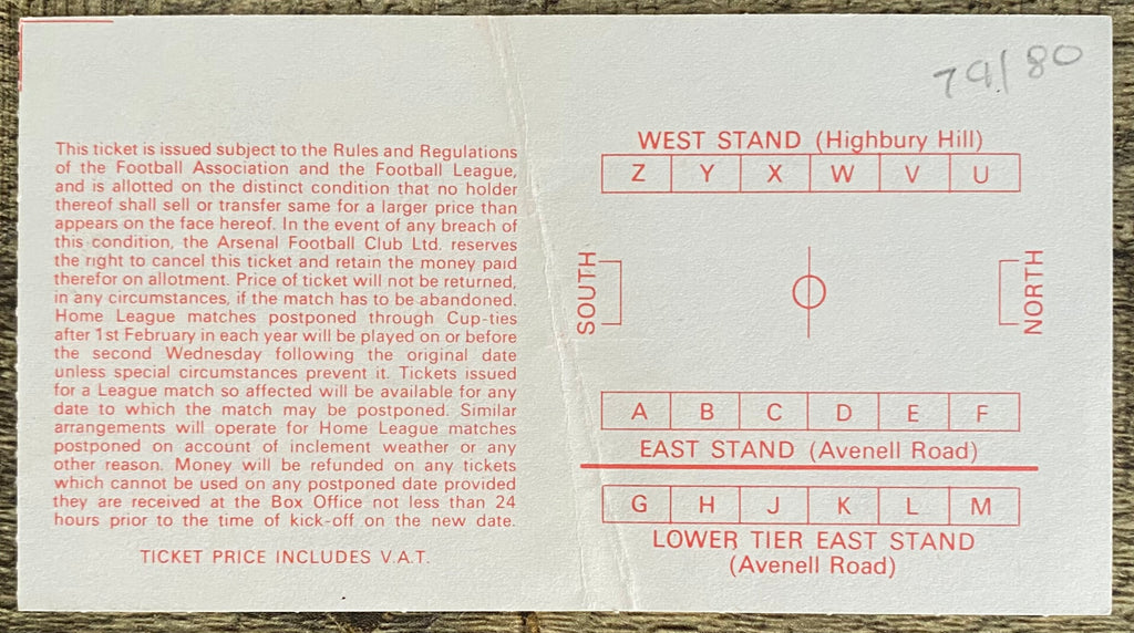 1979/80 ORIGINAL DIVISION ONE TICKET ARSENAL V STOKE CITY