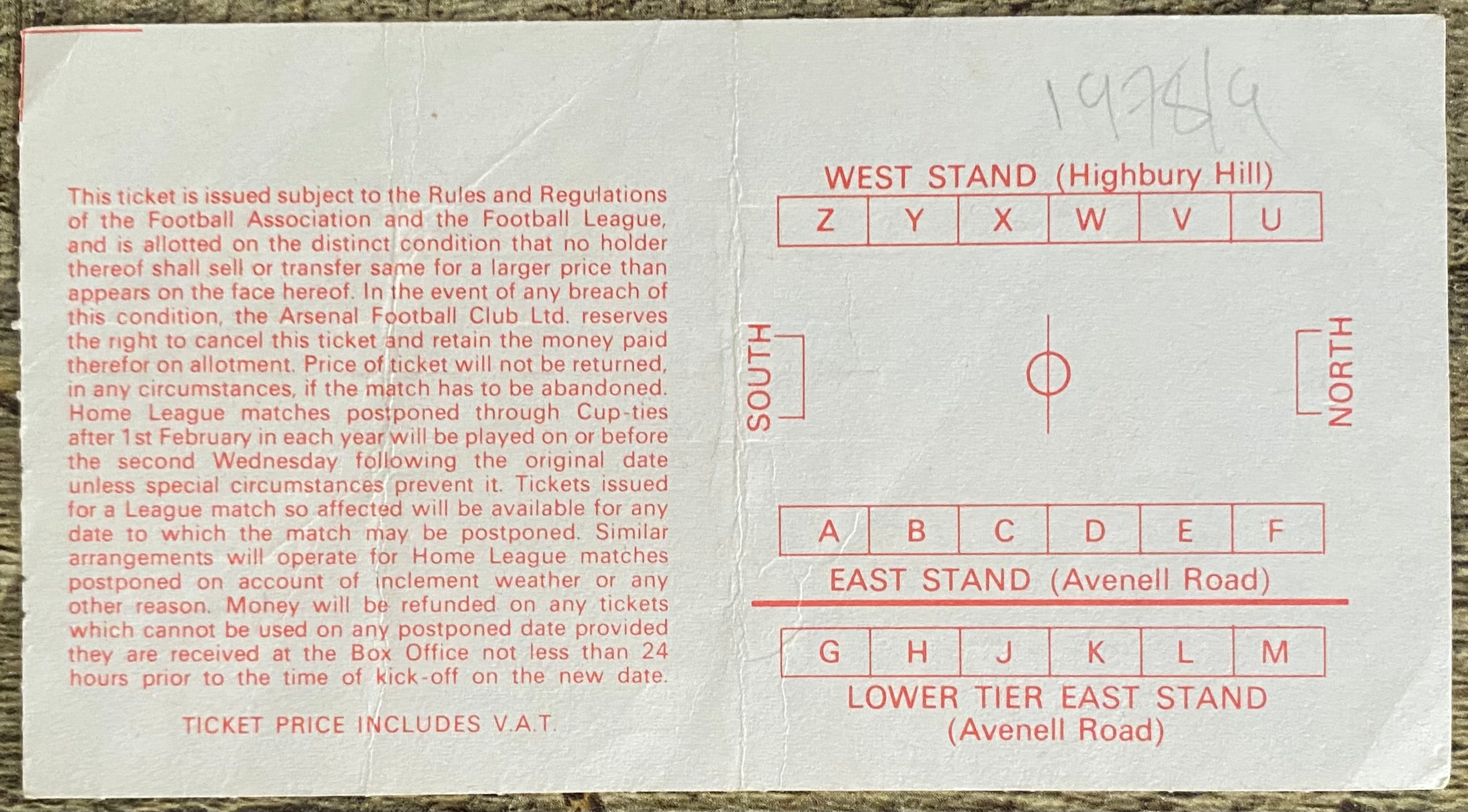 1978/79 ORIGINAL DIVISION ONE TICKET ARSENAL V NOTTINGHAM FOREST