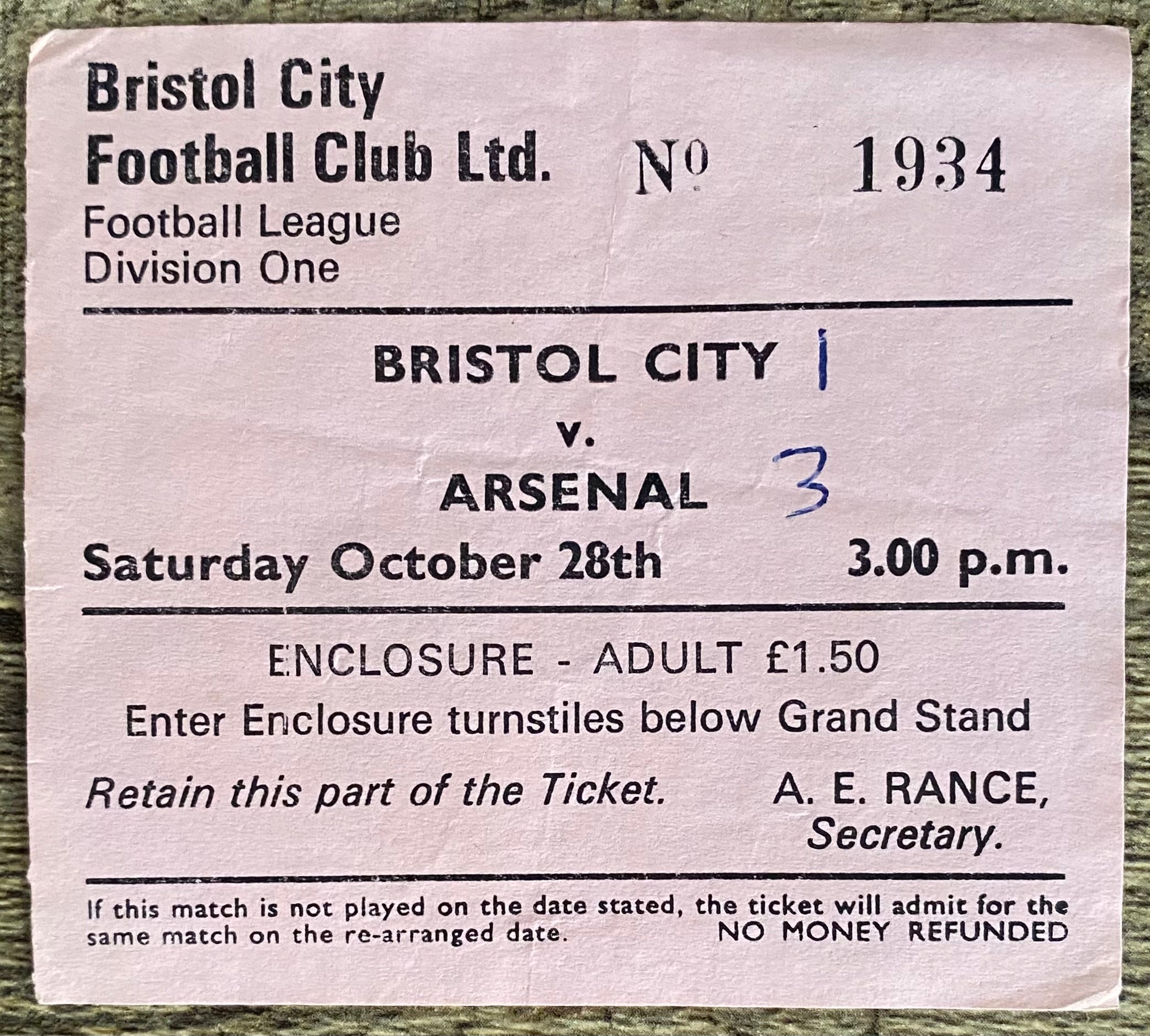 1978/79 ORIGINAL DIVISION ONE TICKET BRISTOL CITY V ARSENAL