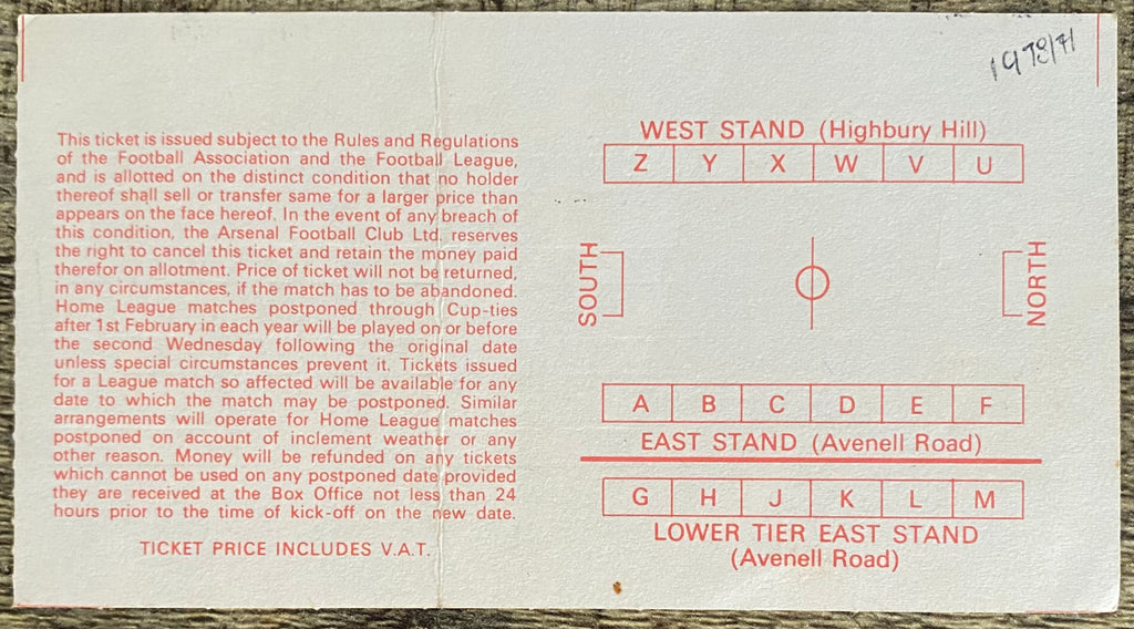 1978/79 ORIGINAL DIVISION ONE TICKET ARSENAL V MIDDLESBROUGH