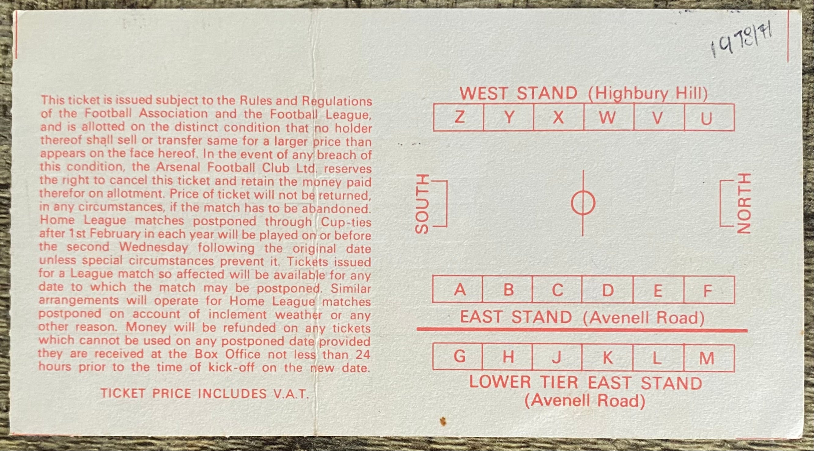 1978/79 ORIGINAL DIVISION ONE TICKET ARSENAL V MIDDLESBROUGH