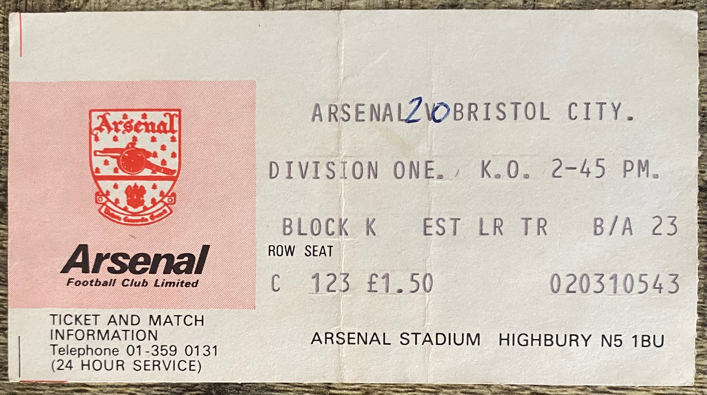 1978/79 ORIGINAL DIVISION ONE TICKET ARSENAL V BRISTOL CITY