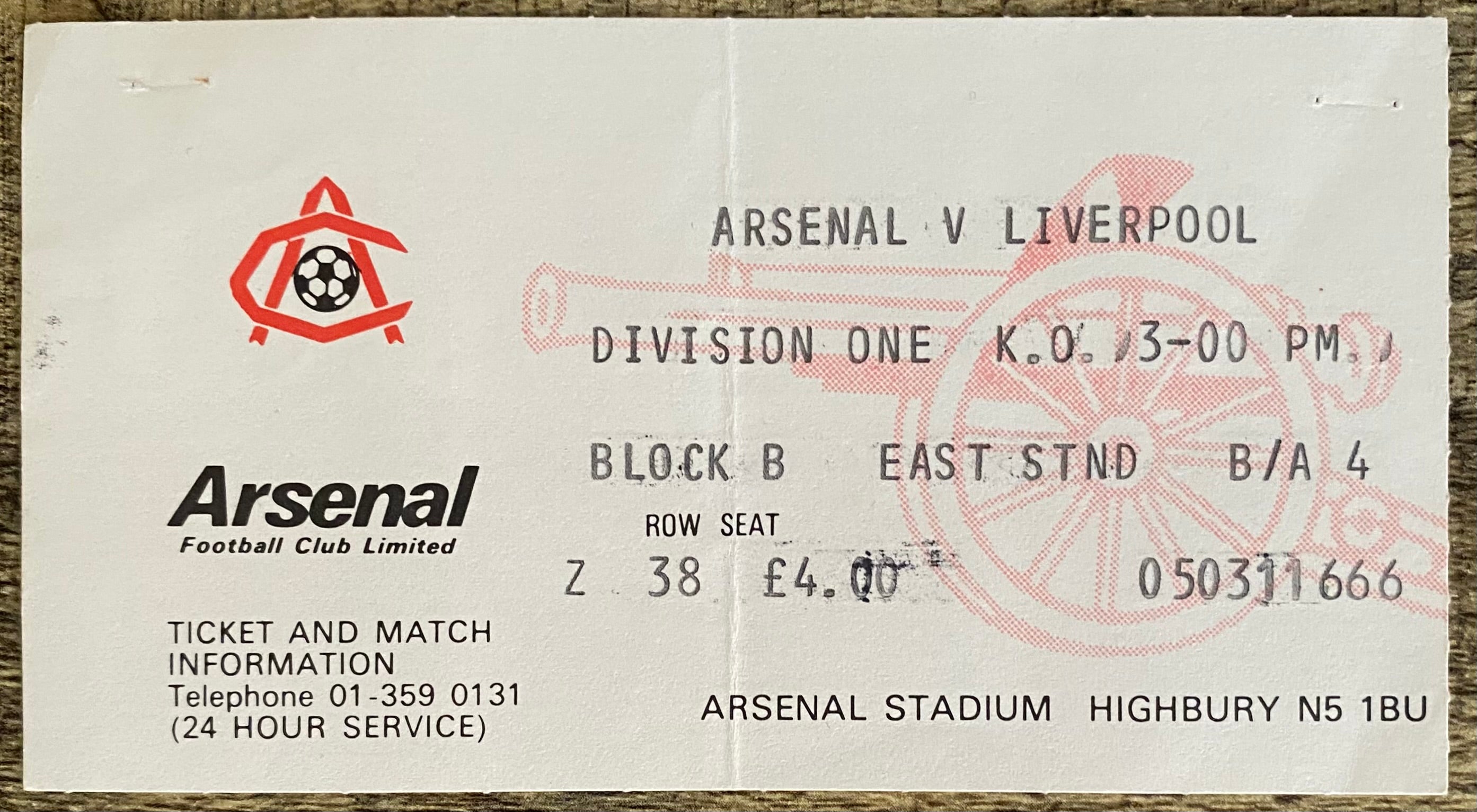1980/81 ORIGINAL DIVISION ONE TICKET ARSENAL V LIVERPOOL