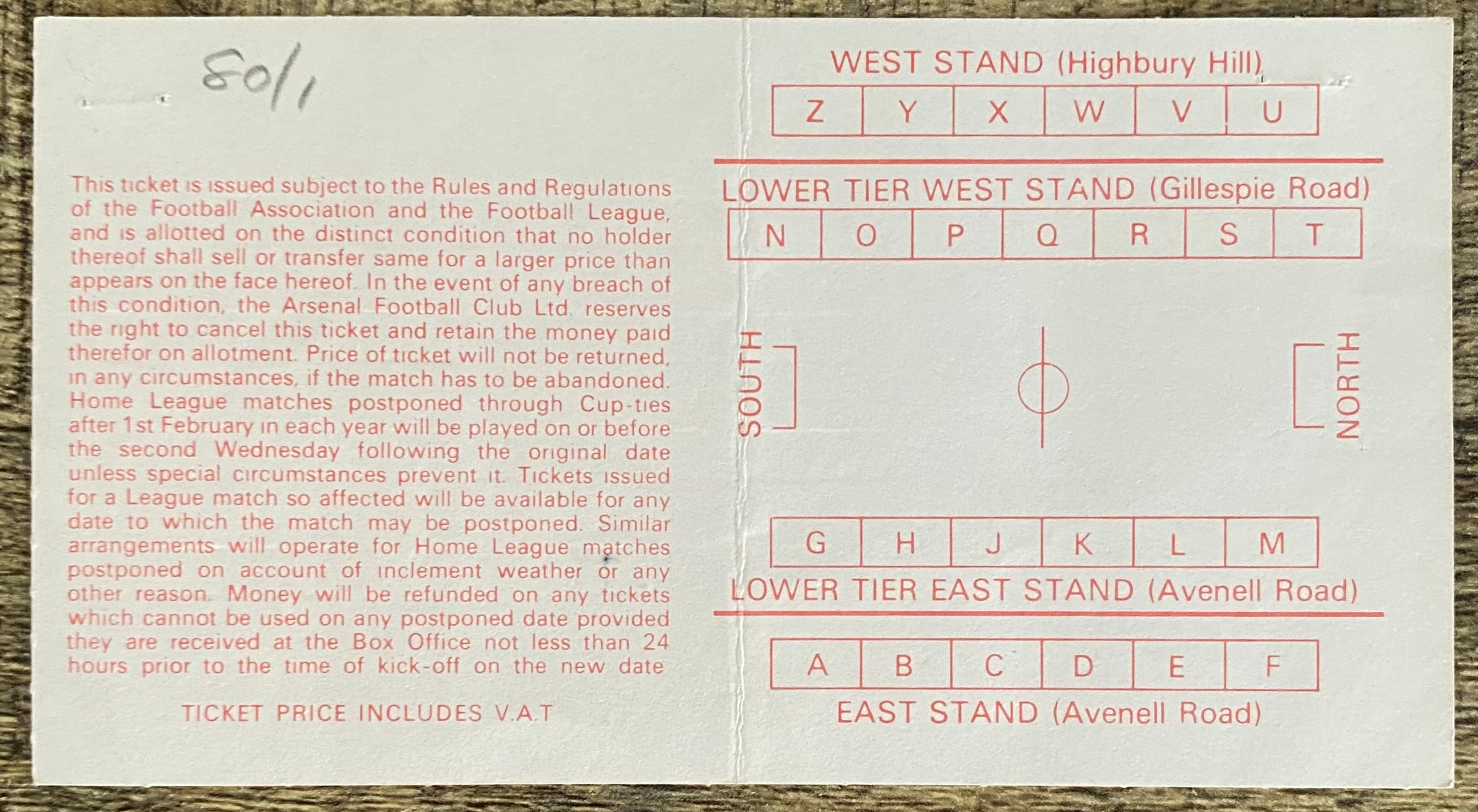 1980/81 ORIGINAL DIVISION ONE TICKET ARSENAL V LIVERPOOL
