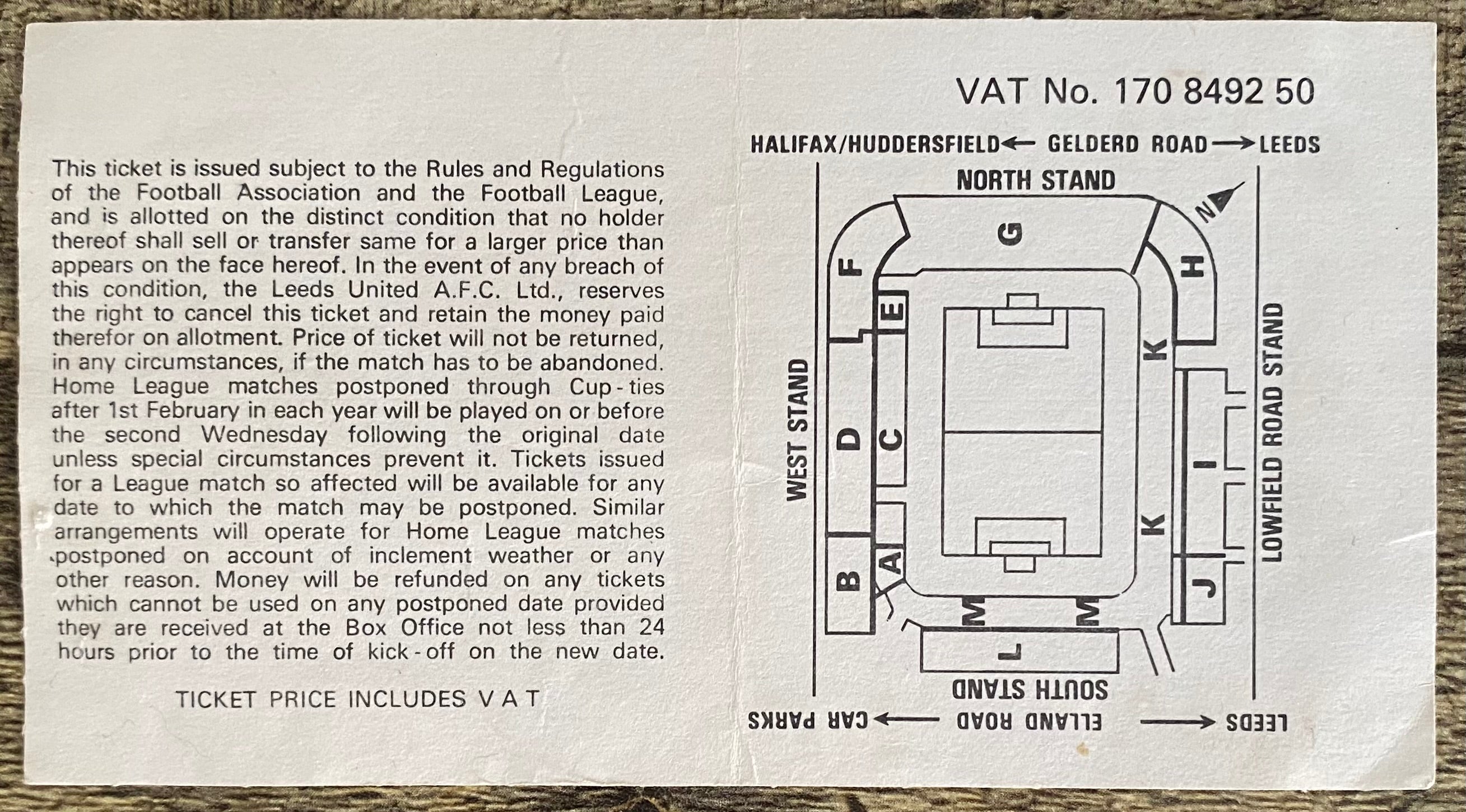 1980/81 ORIGINAL DIVISION ONE TICKET LEEDS UNITED V ARSENAL