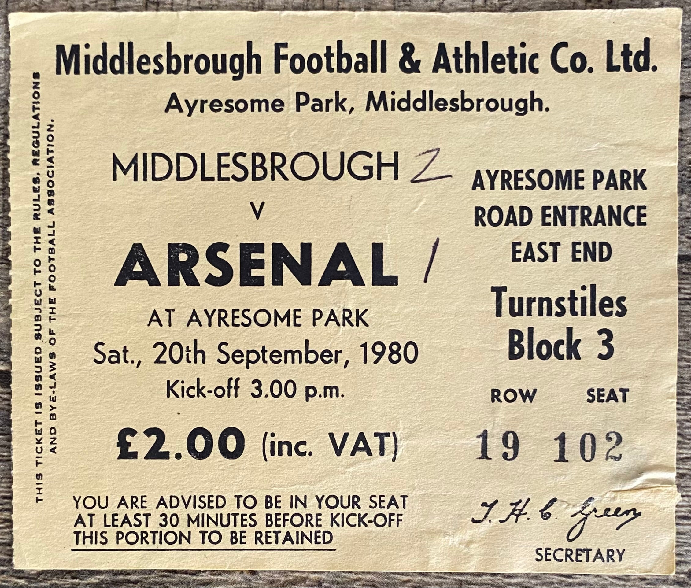 1980/81 ORIGINAL DIVISION ONE TICKET MIDDLESBROUGH V ARSENAL