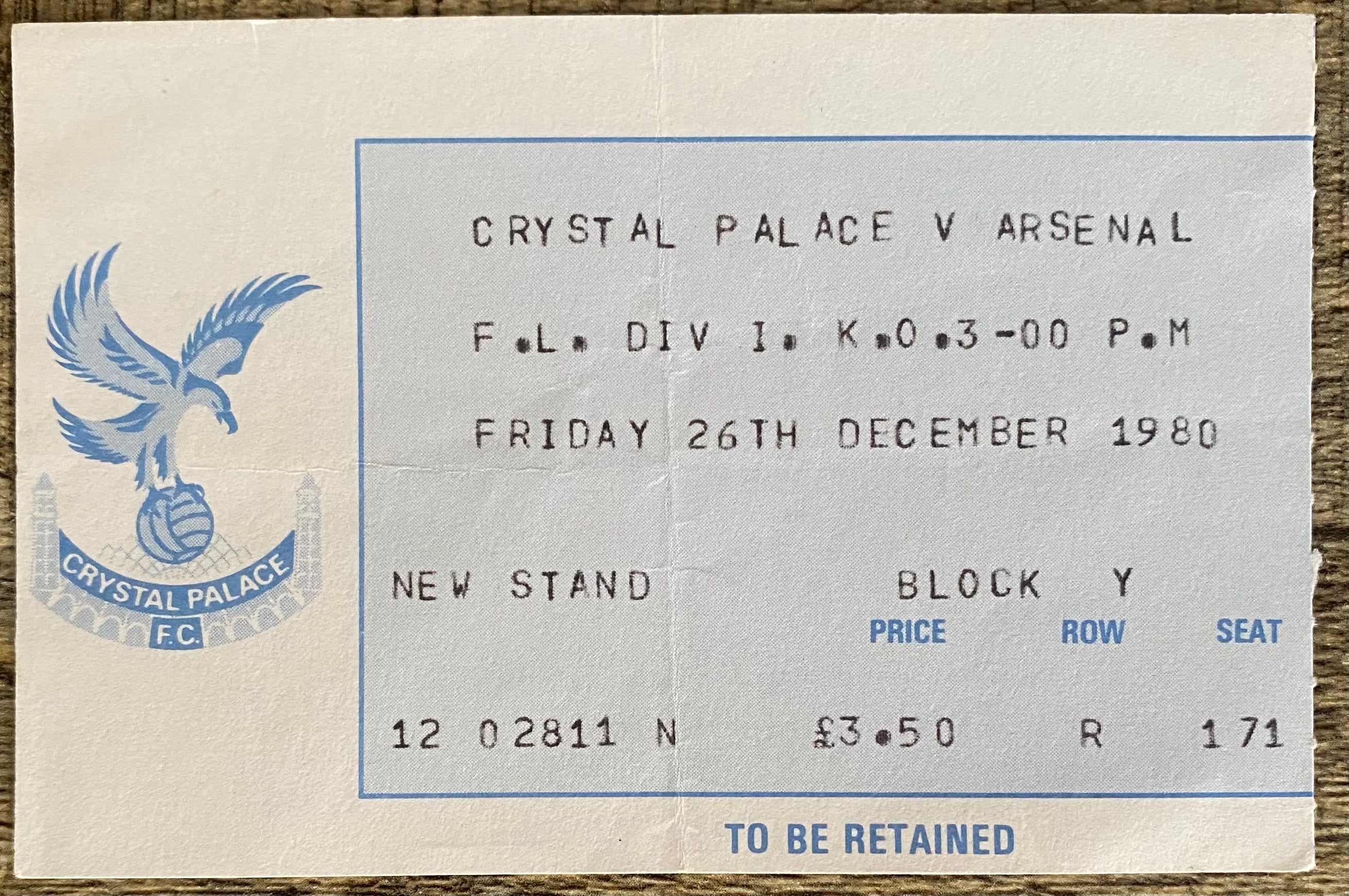 1980/81 ORIGINAL DIVISION ONE TICKET CRYSTAL PALACE V ARSENAL