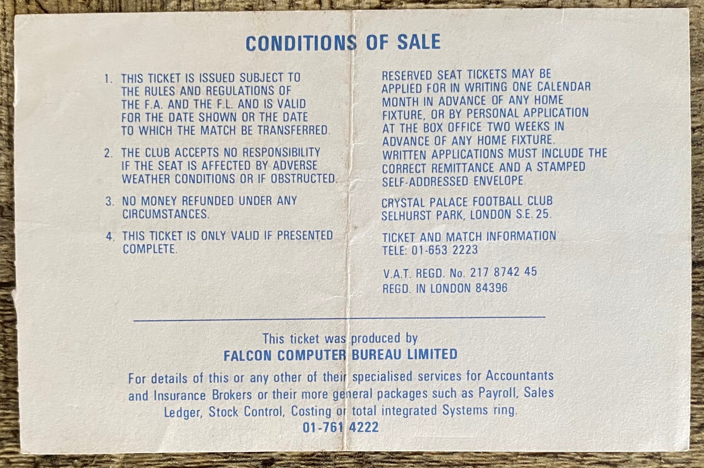 1980/81 ORIGINAL DIVISION ONE TICKET CRYSTAL PALACE V ARSENAL