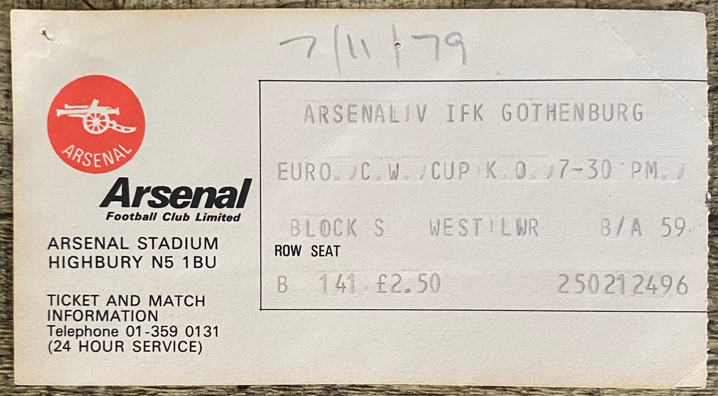 1979/80 ORIGINAL EUROPEAN CUP WINNERS CUP 3RD ROUND 1ST LEG TICKET ARSENAL V IFK GOTHENBURG