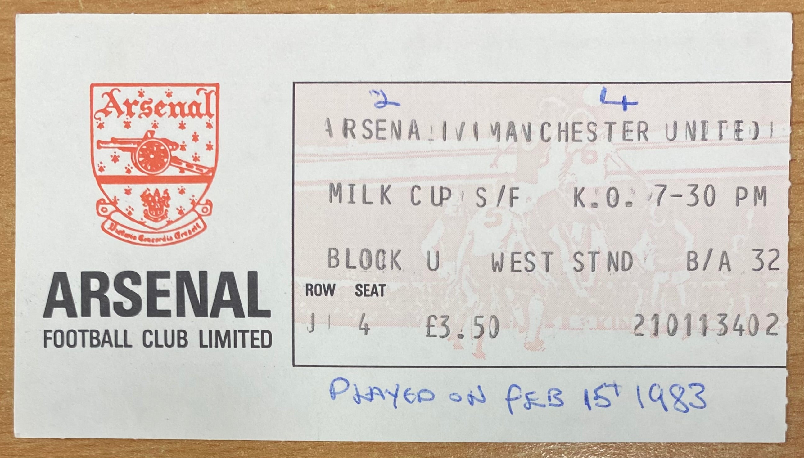 1982/83 ORIGINAL LEAGUE CUP SEMI FINAL 1ST LEG TICKET ARSENAL V MANCHESTER UNITED