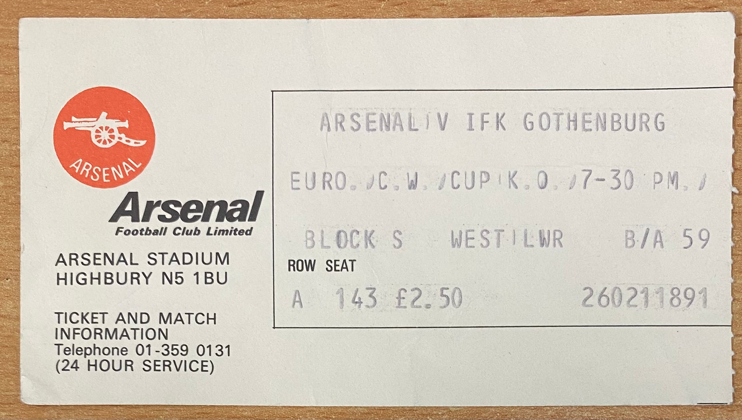 1979/80 ORIGINAL EUROPEAN CUP WINNERS CUP 3RD ROUND 1ST LEG TICKET ARSENAL V IFK GOTHENBURG