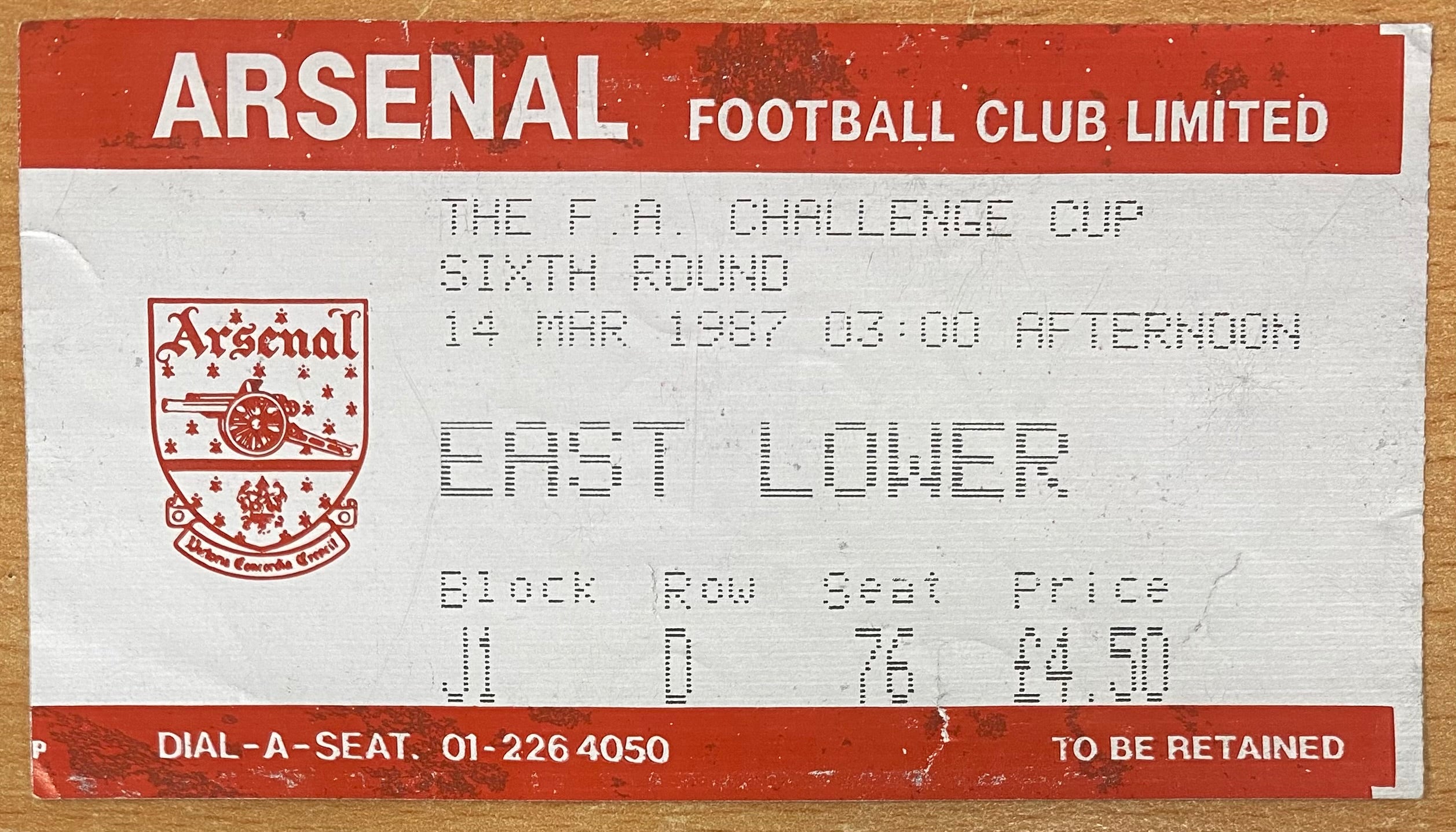 1986/87 ORIGINAL FA CUP 6TH ROUND TICKET ARSENAL V WATFORD