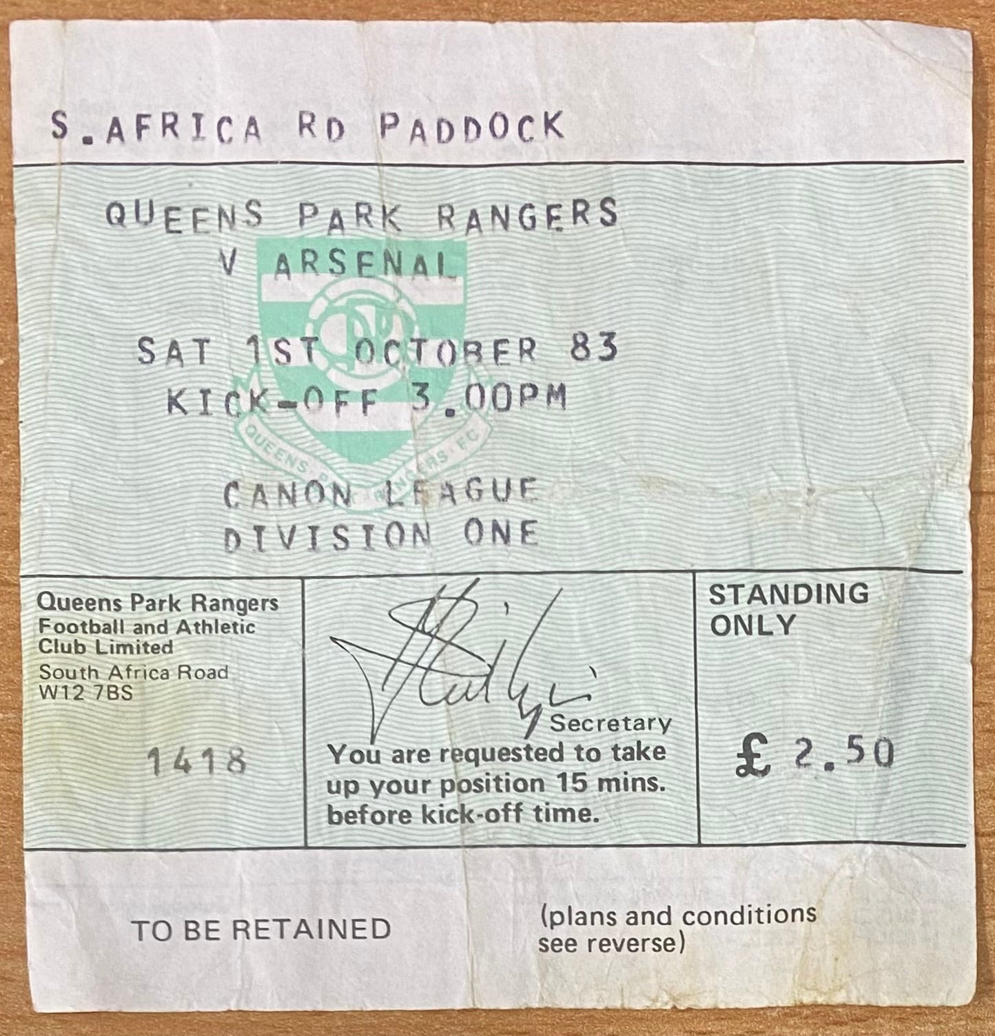 1983/84 ORIGINAL DIVISION ONE TICKET QUEENS PARK RANGERS V ARSENAL