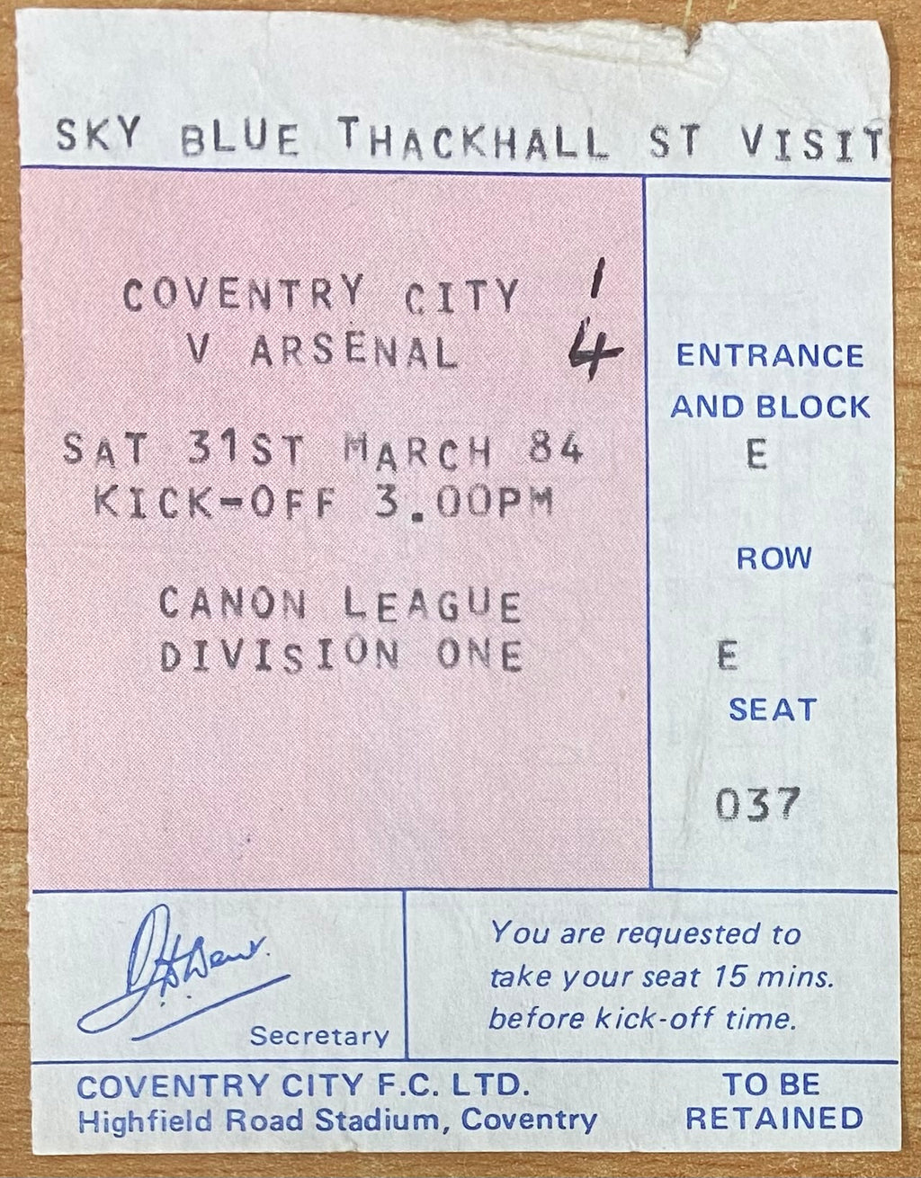 1983/84 ORIGINAL DIVISION ONE TICKET COVENTRY CITY V ARSENAL