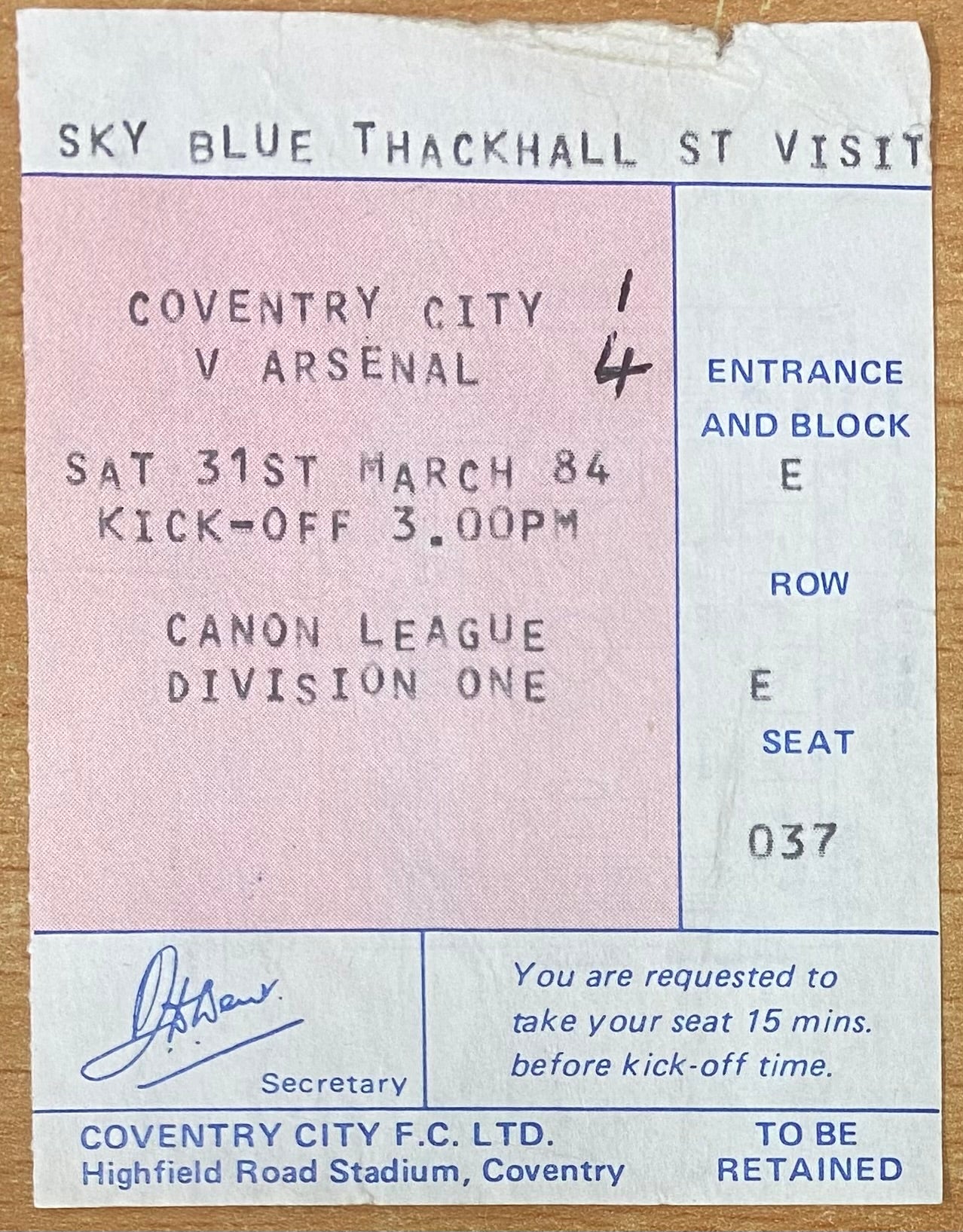 1983/84 ORIGINAL DIVISION ONE TICKET COVENTRY CITY V ARSENAL