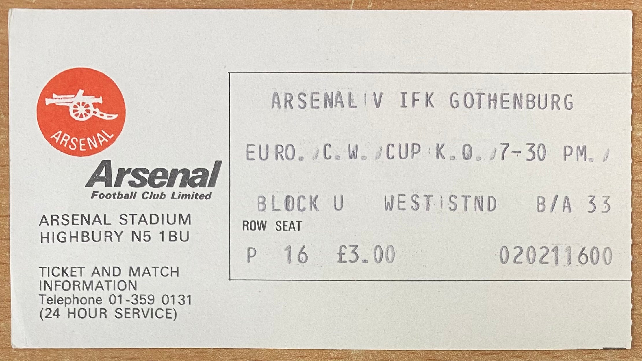 1979/80 ORIGINAL EUROPEAN CUP WINNERS CUP 3RD ROUND 1ST LEG TICKET ARSENAL V IFK GOTHENBURG