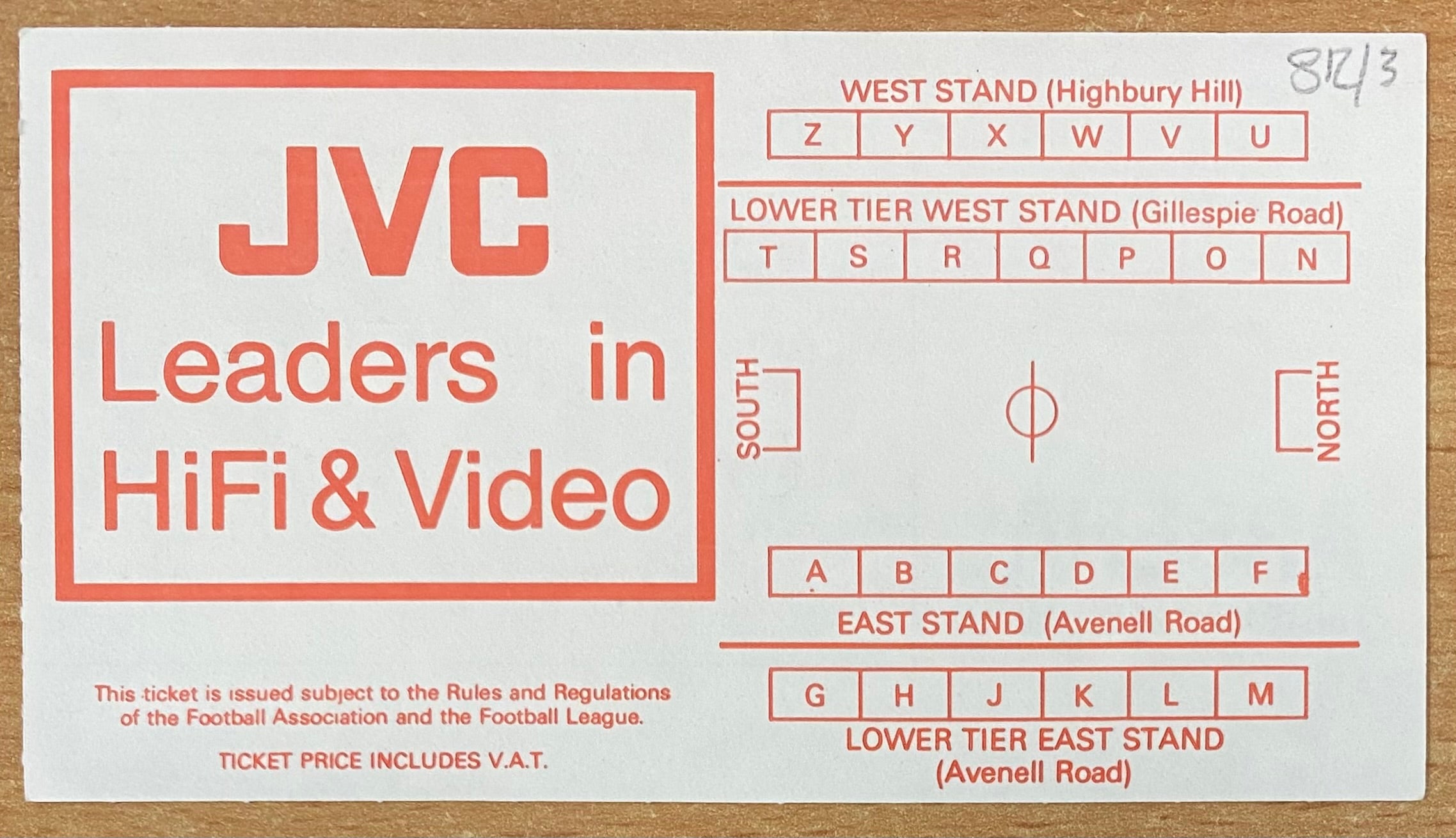 1982/83 ORIGINAL DIVISION ONE TICKET ARSENAL V TOTTENHAM HOTSPUR
