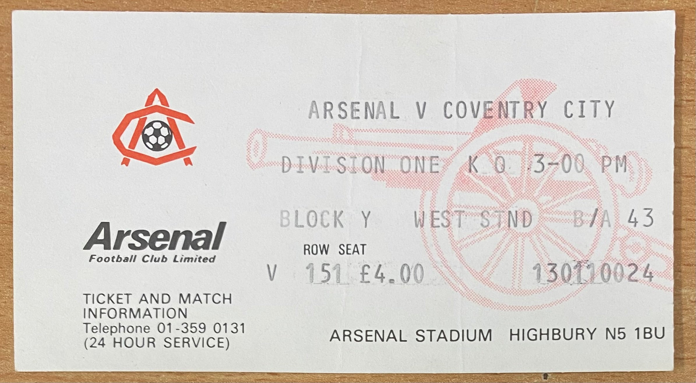 1980/81 ORIGINAL DIVISION ONE TICKET ARSENAL V COVENTRY CITY