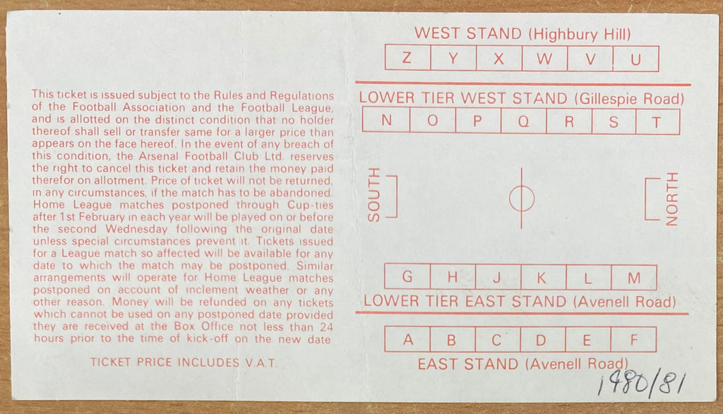 1980/81 ORIGINAL DIVISION ONE TICKET ARSENAL V COVENTRY CITY