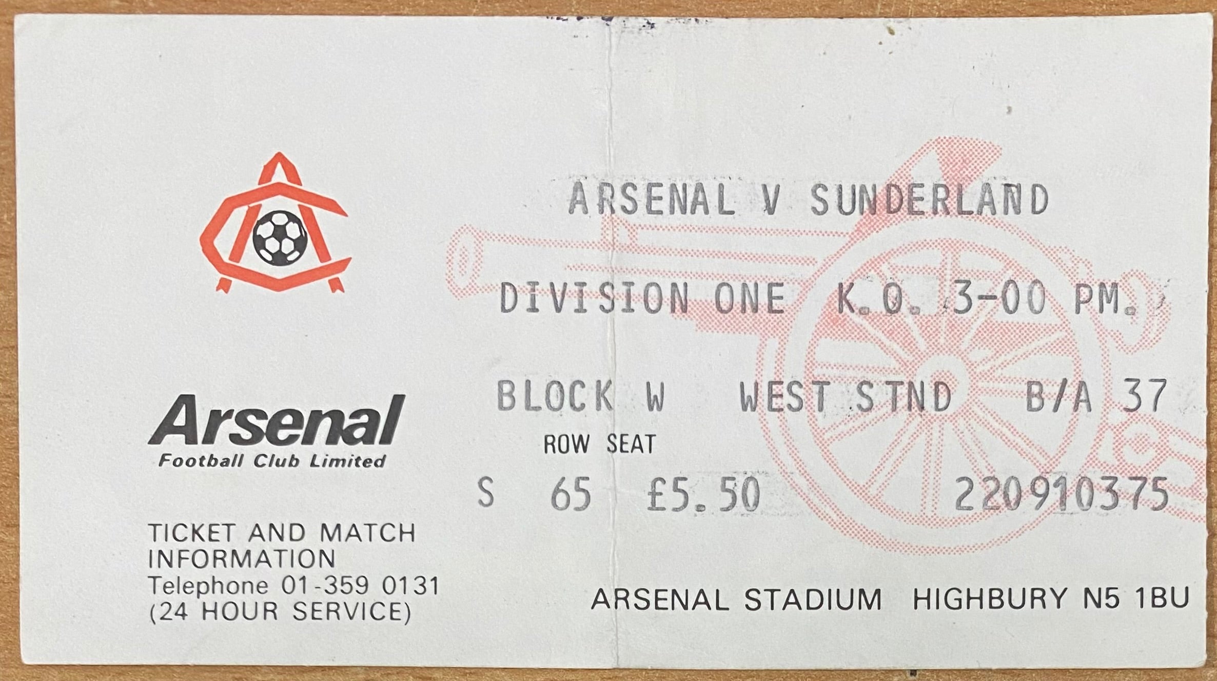 1980/81 ORIGINAL DIVISION ONE TICKET ARSENAL V SUNDERLAND