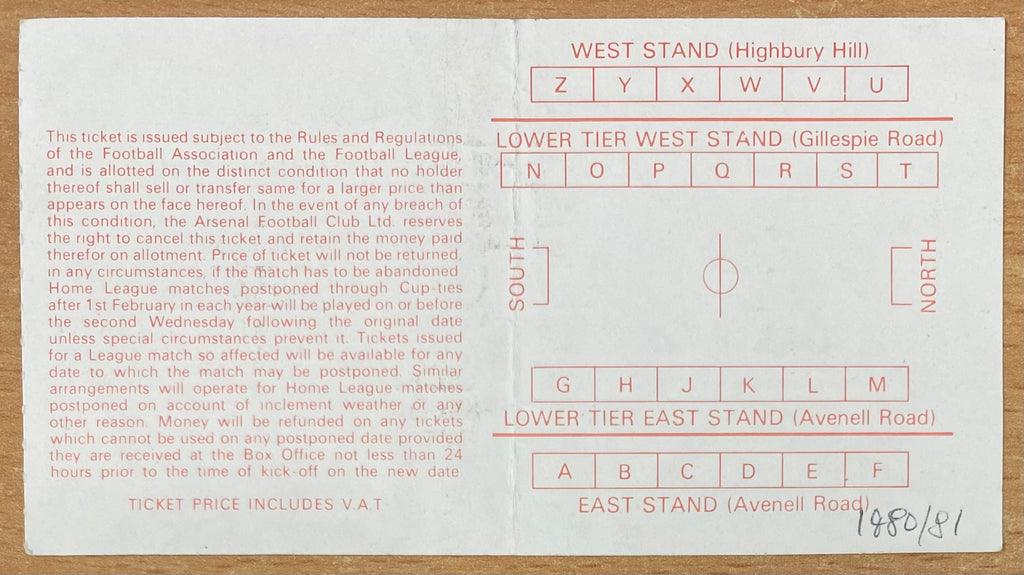 1980/81 ORIGINAL DIVISION ONE TICKET ARSENAL V SUNDERLAND