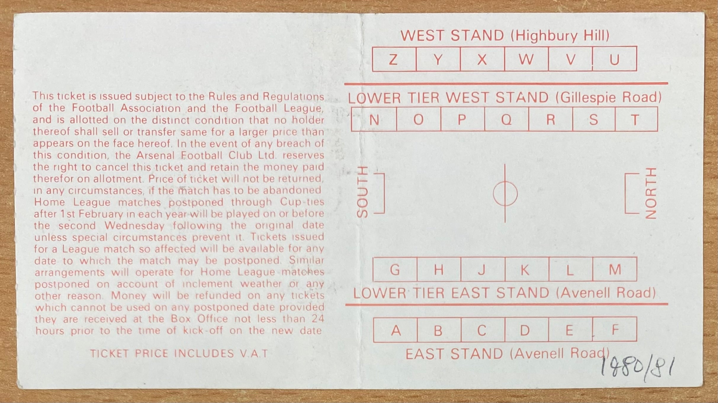 1980/81 ORIGINAL DIVISION ONE TICKET ARSENAL V SUNDERLAND