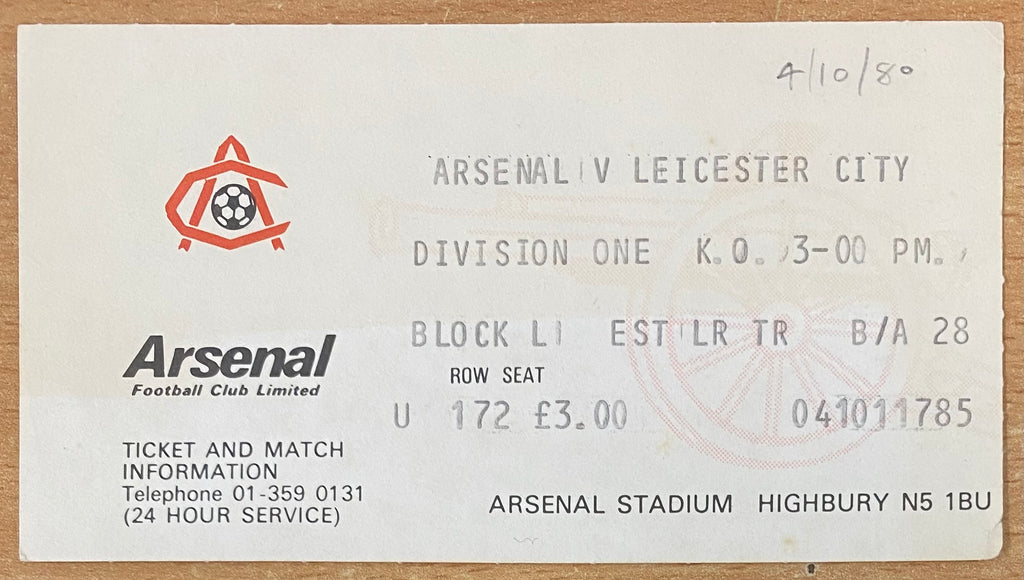 1980/81 ORIGINAL DIVISION ONE TICKET ARSENAL V LEICESTER CITY