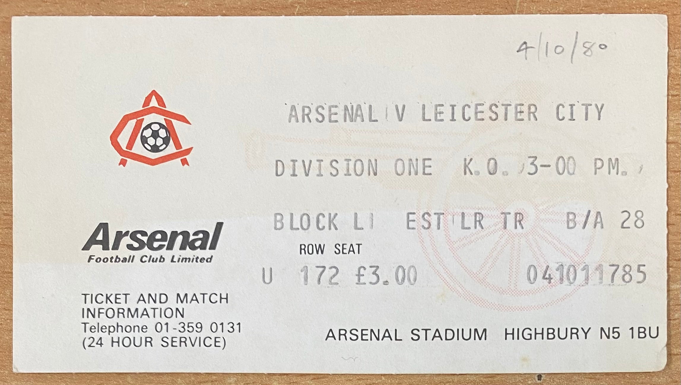 1980/81 ORIGINAL DIVISION ONE TICKET ARSENAL V LEICESTER CITY