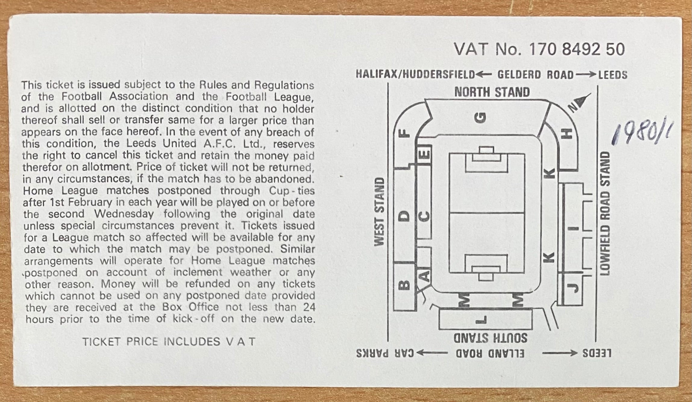 1980/81 ORIGINAL DIVISION ONE TICKET LEEDS UNITED V ARSENAL