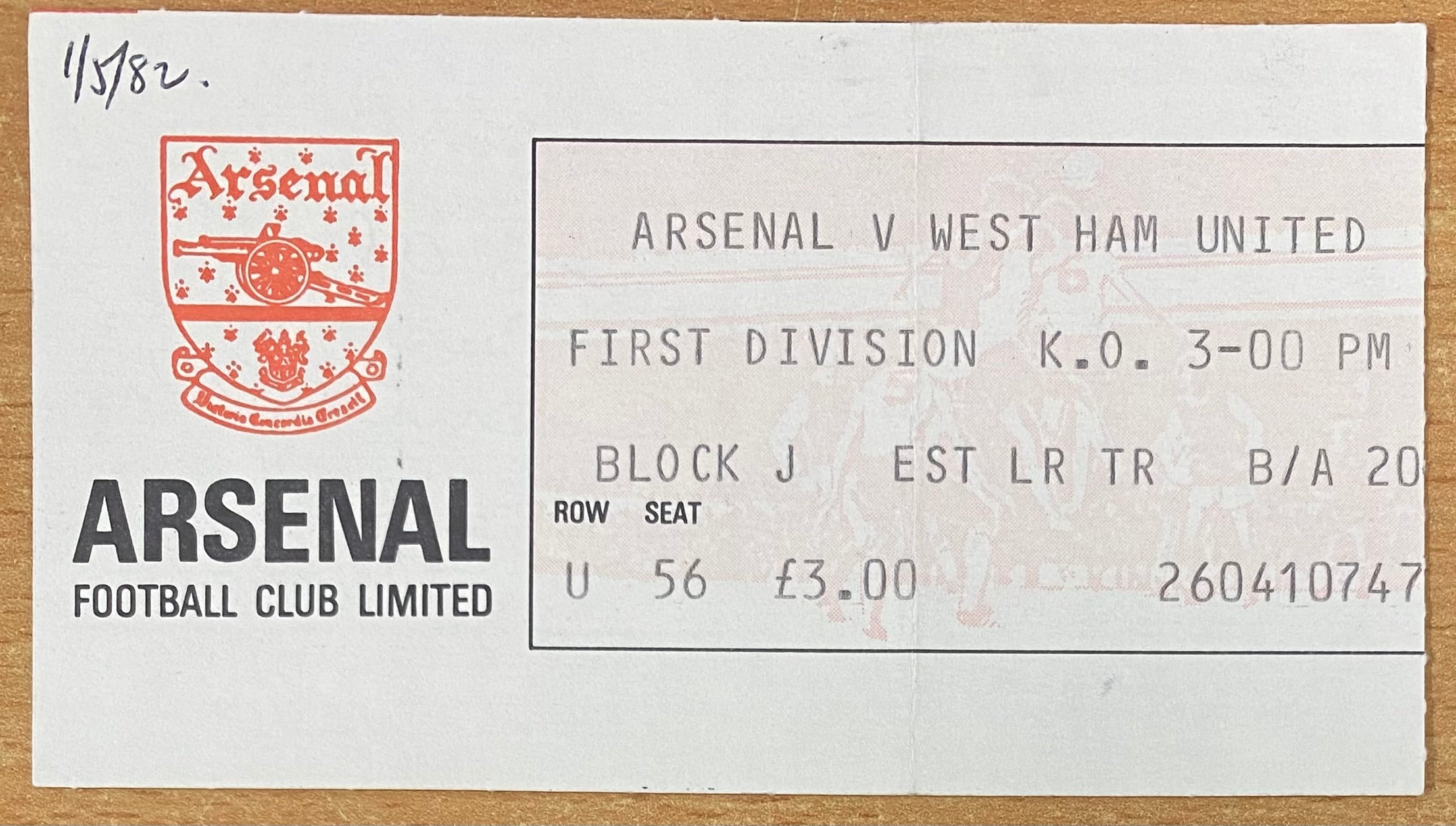 1981/82 ORIGINAL DIVISION ONE TICKET ARSENAL V WEST HAM UNITED