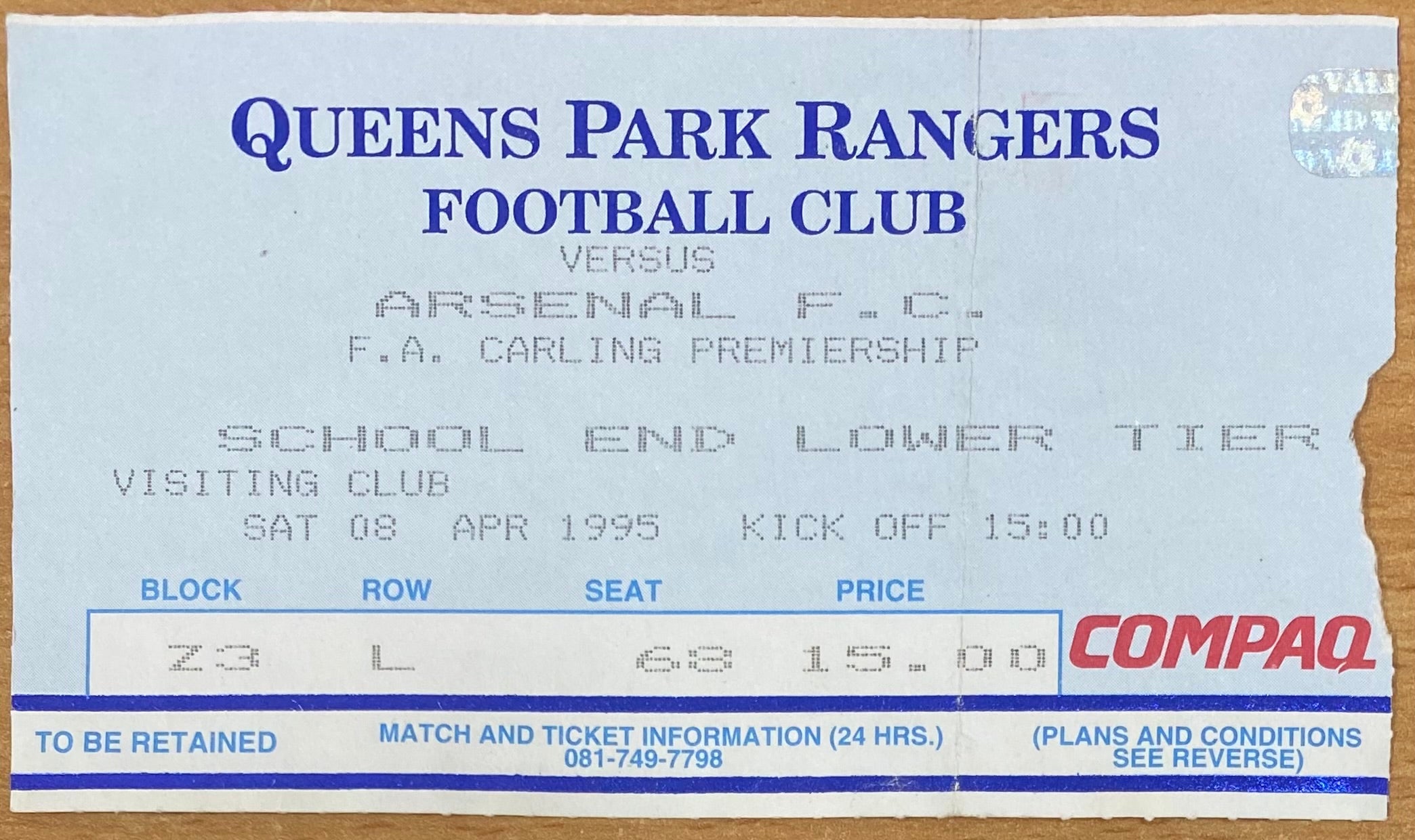 1994/95 ORIGINAL FA PREMIERSHIP TICKET QUEENS PARK RANGERS V ARSENAL