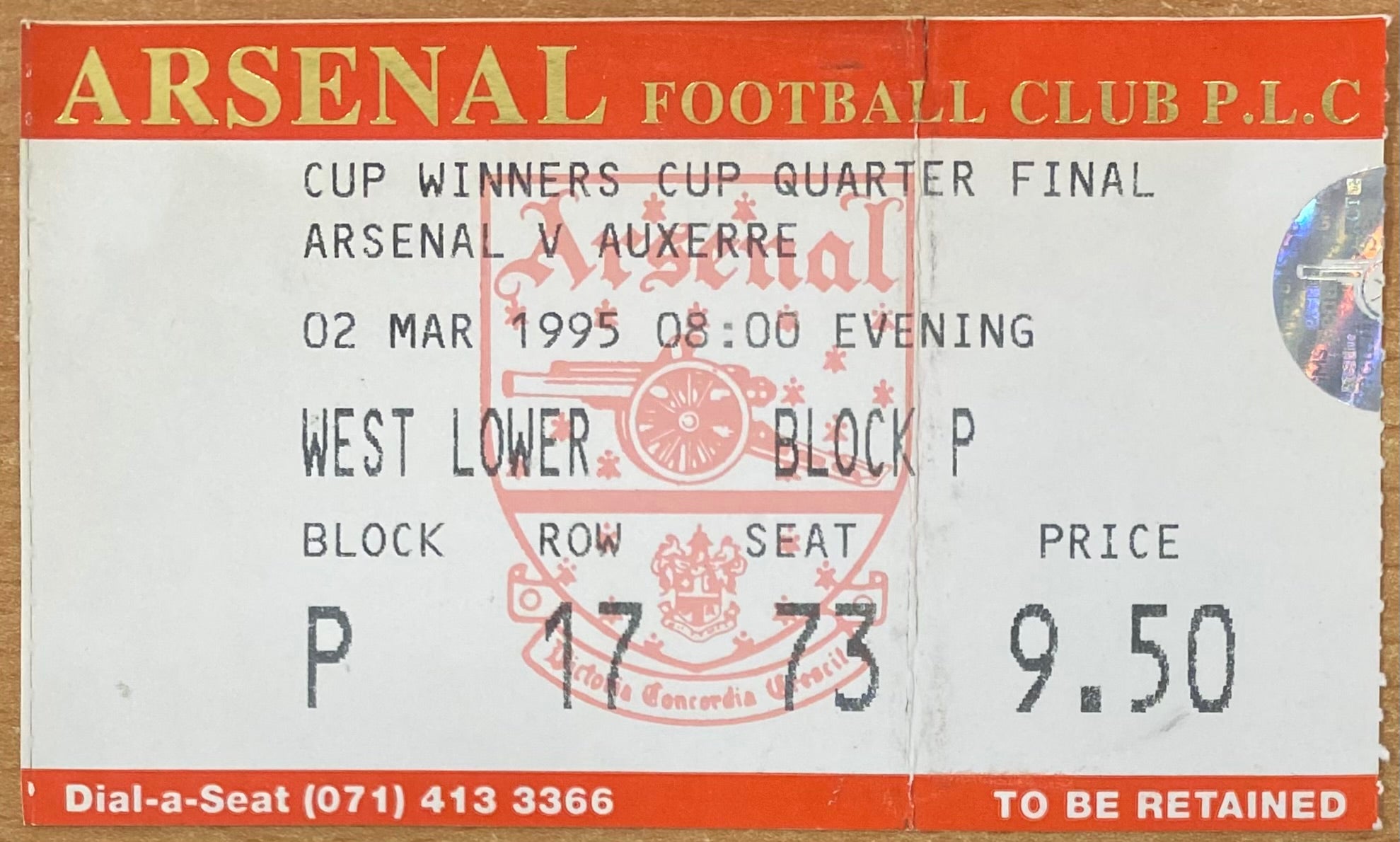 1994/95 ORIGINAL EUROPEAN CUP WINNERS CUP QUARTER FINAL 1ST LEG TICKET ARSENAL V AUXERRE