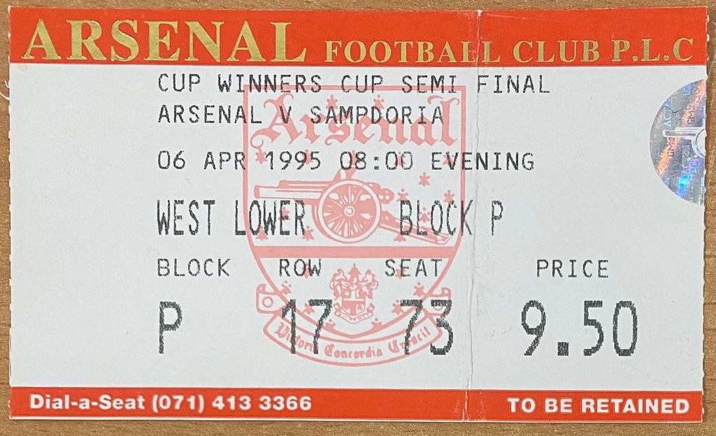 1994/95 ORIGINAL EUROPEAN CUP WINNERS CUP SEMI FINAL 1ST LEG TICKET ARSENAL V SAMPDORIA