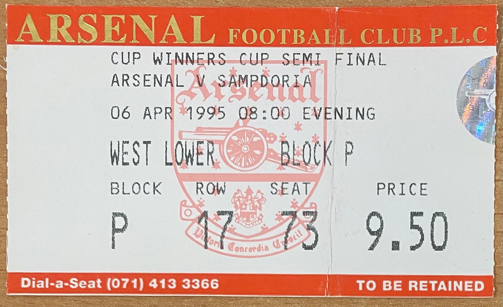 1994/95 ORIGINAL EUROPEAN CUP WINNERS CUP SEMI FINAL 1ST LEG TICKET ARSENAL V SAMPDORIA