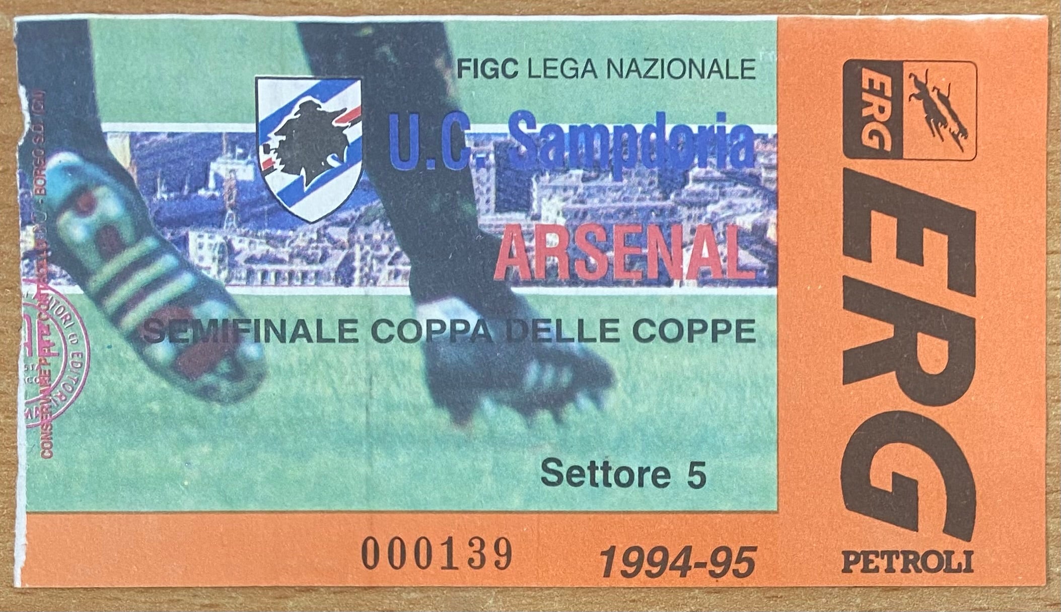 1994/95 ORIGINAL EUROPEAN CUP WINNERS CUP SEMI FINAL 2ND LEG TICKET SAMPDORIA V ARSENAL