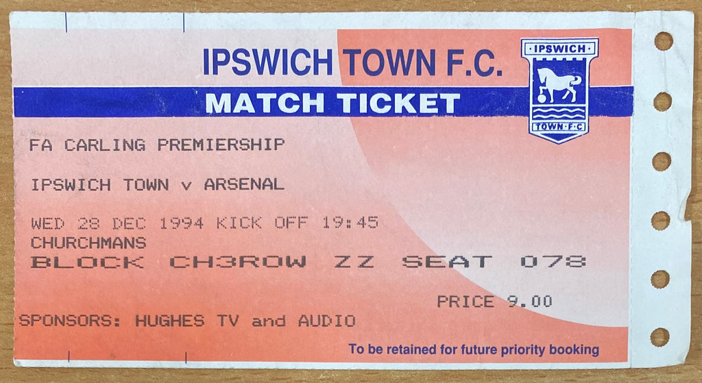 1994/95 ORIGINAL FA PREMIERSHIP TICKET IPSWICH TOWN V ARSENAL