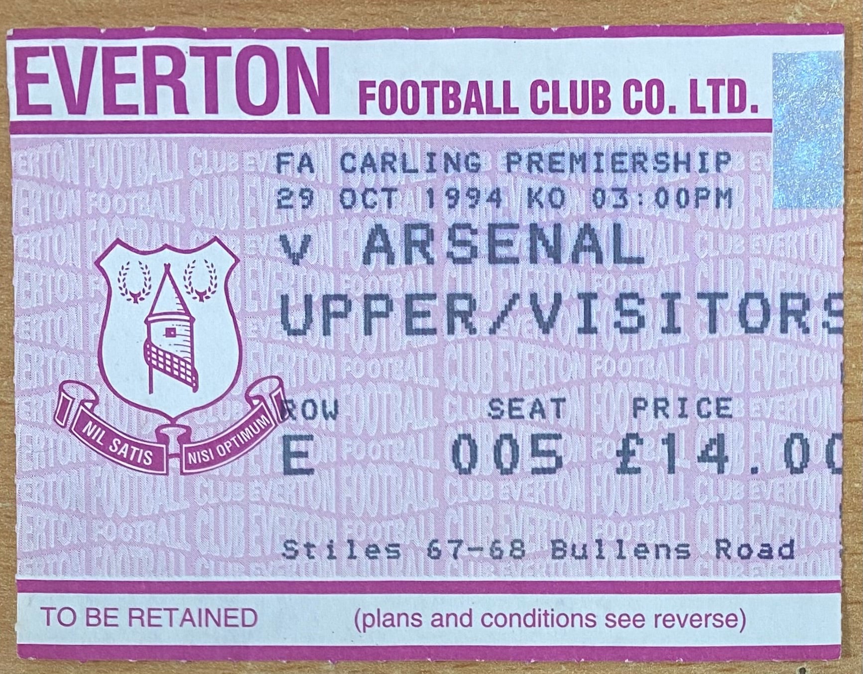 1994/95 ORIGINAL FA PREMIERSHIP TICKET EVERTON V ARSENAL