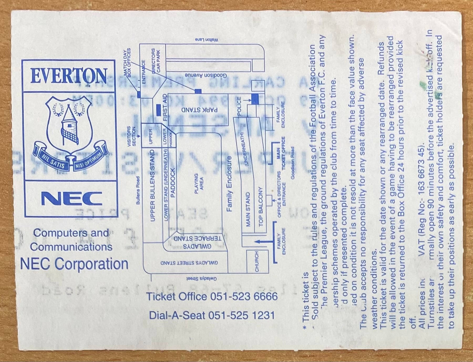 1994/95 ORIGINAL FA PREMIERSHIP TICKET EVERTON V ARSENAL