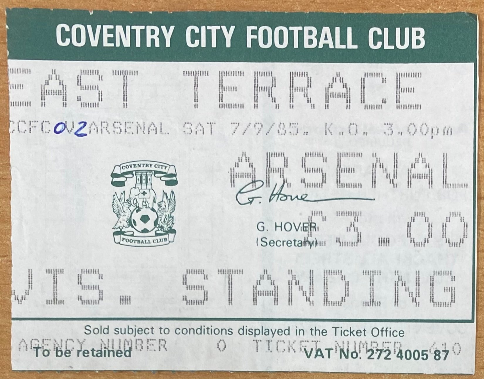 1985/86 ORIGINAL DIVISION ONE TICKET COVENTRY CITY V ARSENAL