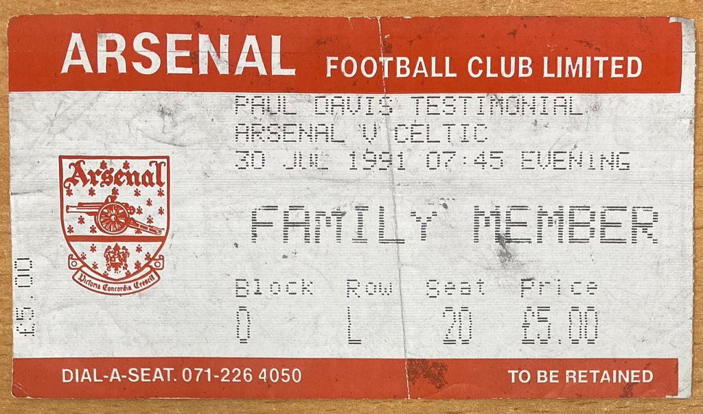 1991 ORIGINAL PAUL DAVIS TESTIMONIAL TICKET ARSENAL V GLASGOW CELTIC