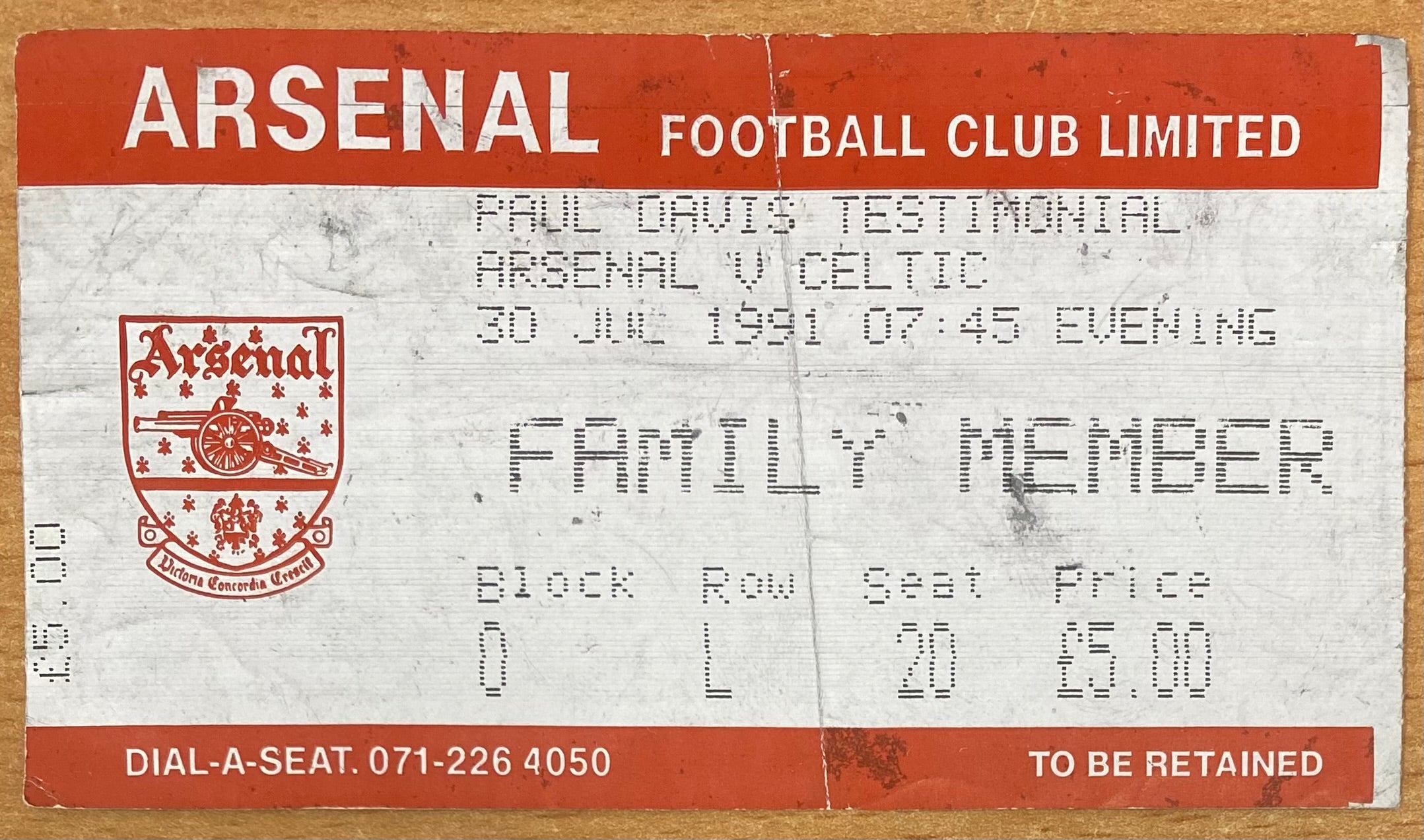 1991 ORIGINAL PAUL DAVIS TESTIMONIAL TICKET ARSENAL V GLASGOW CELTIC