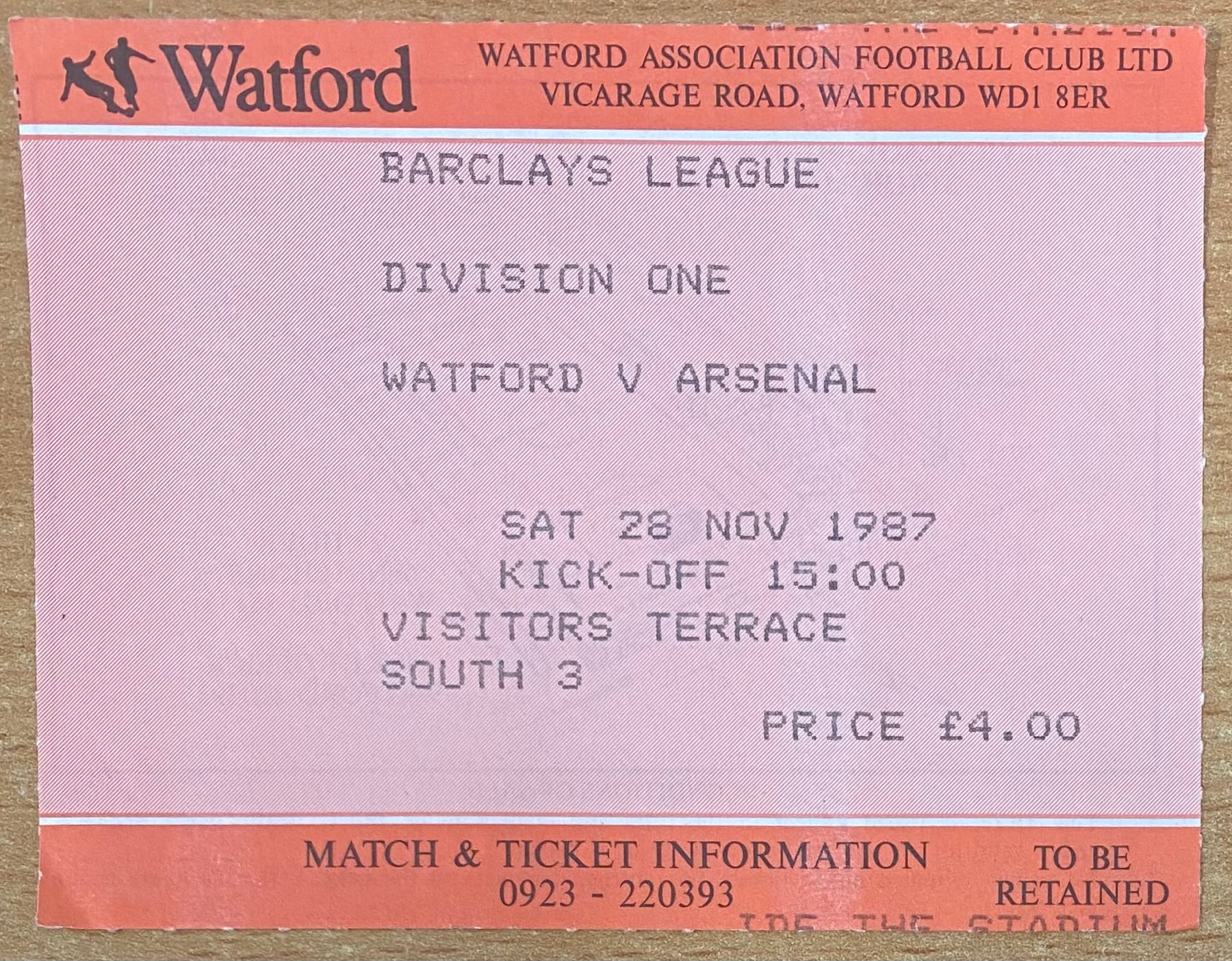 1987/88 ORIGINAL DIVISION ONE TICKET WATFORD V ARSENAL