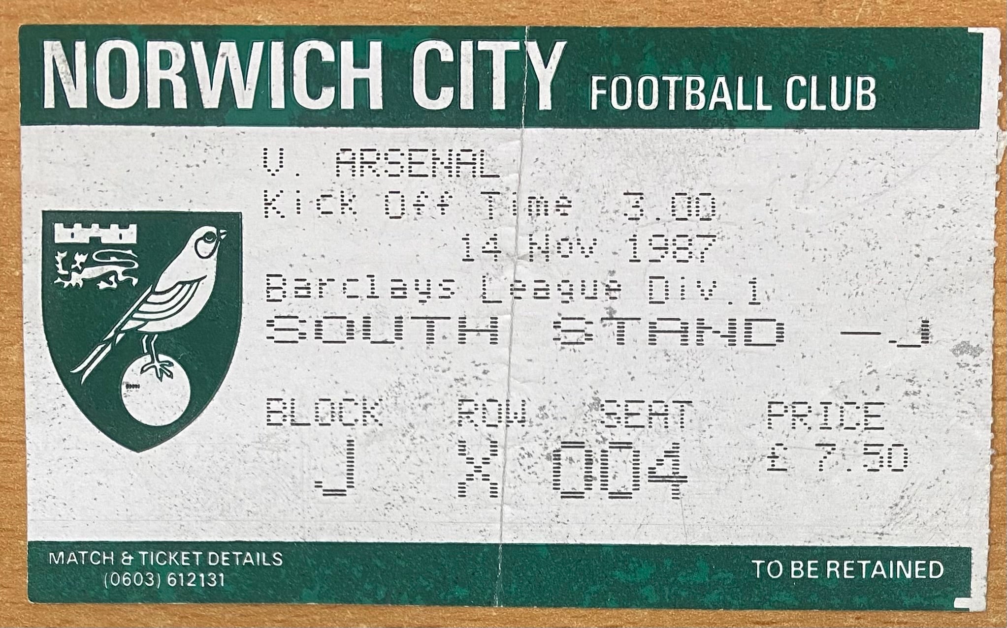 1987/88 ORIGINAL DIVISION ONE TICKET NORWICH CITY V ARSENAL