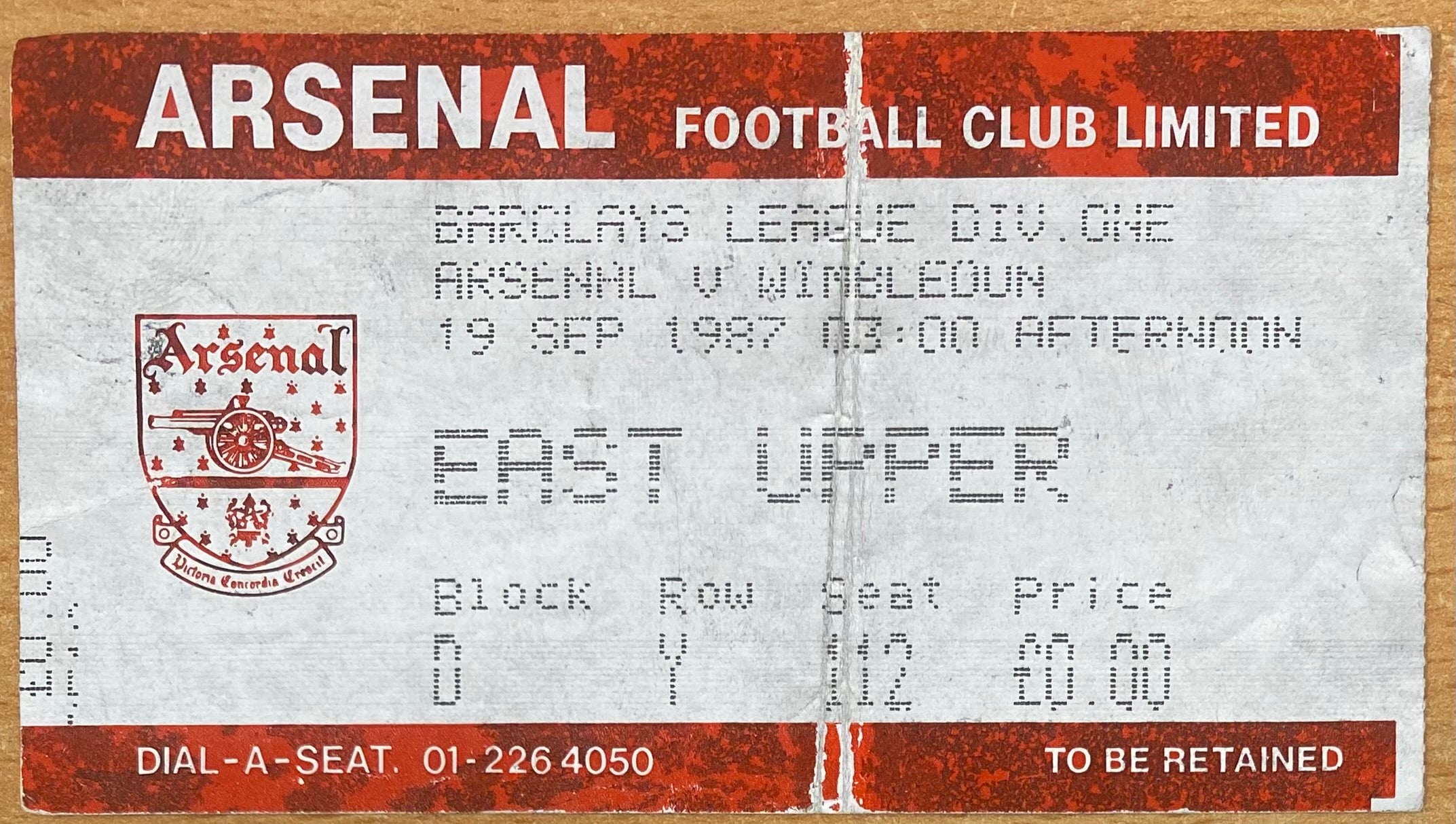 1987/88 ORIGINAL DIVISION ONE TICKET ARSENAL V WIMBLEDON